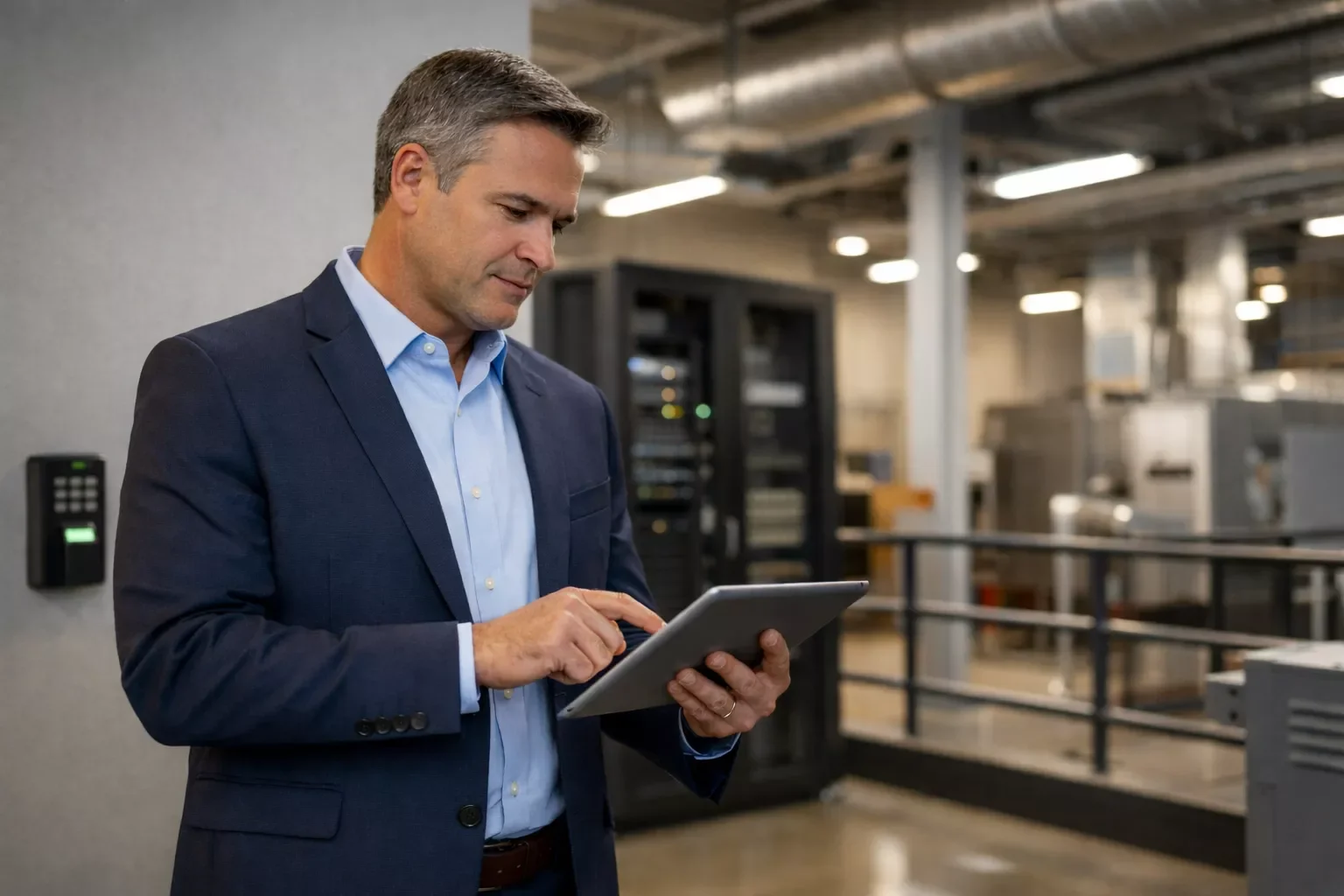 Professional reviewing project financing data on a tablet in an industrial facility