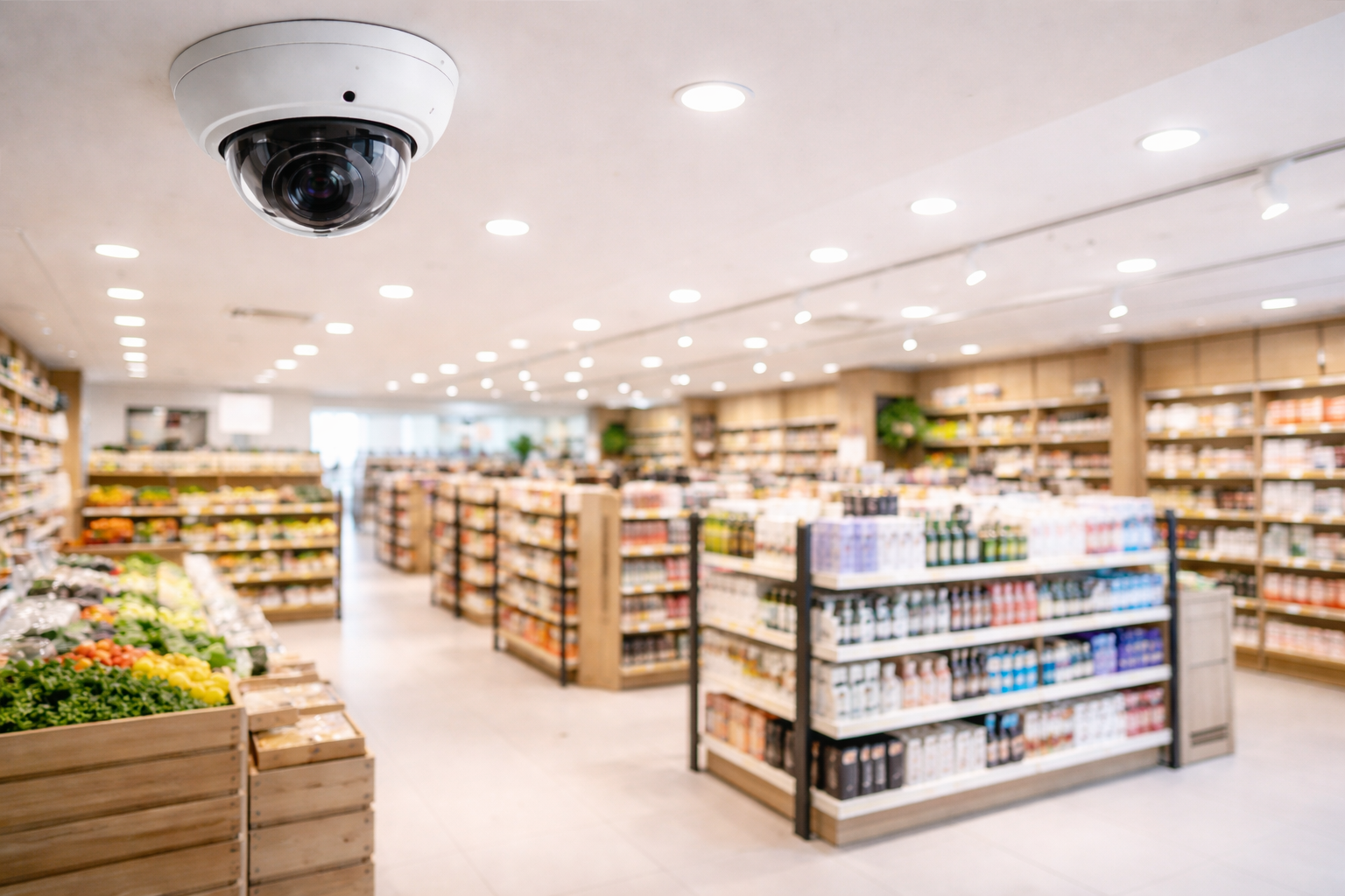 Security camera installed on ceiling inside a supermarket with shelves of groceries in the background