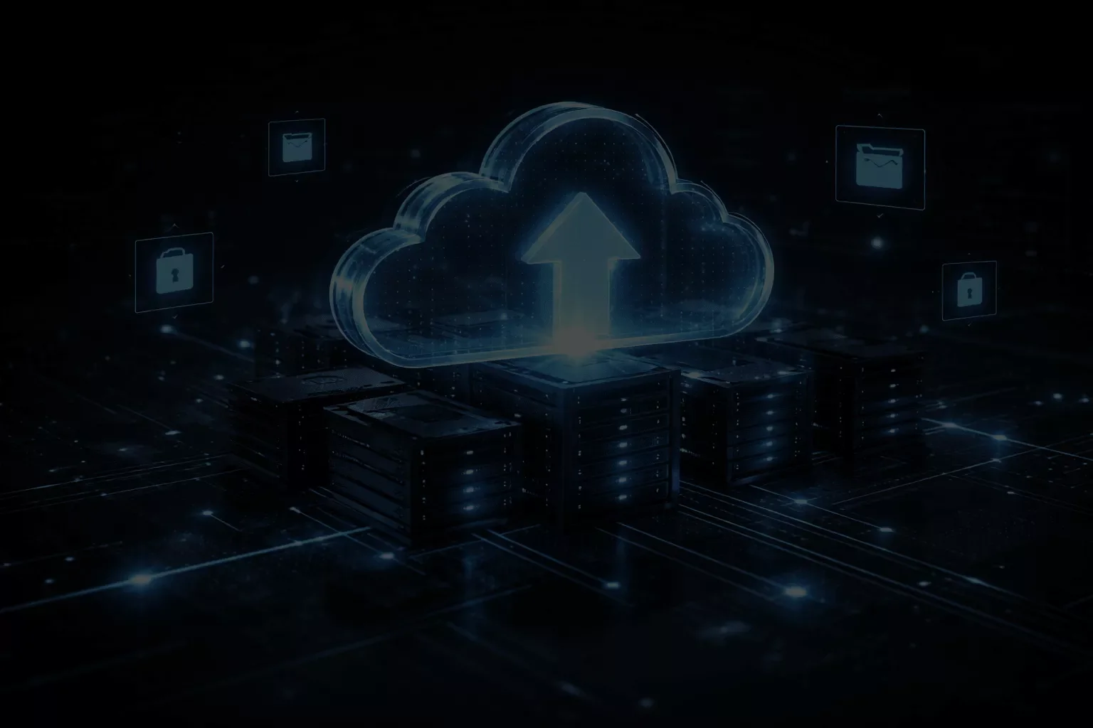 Digital illustration of a cloud with an upward arrow, surrounded by data servers and icons of a lock and a folder, representing cloud storage and data security.