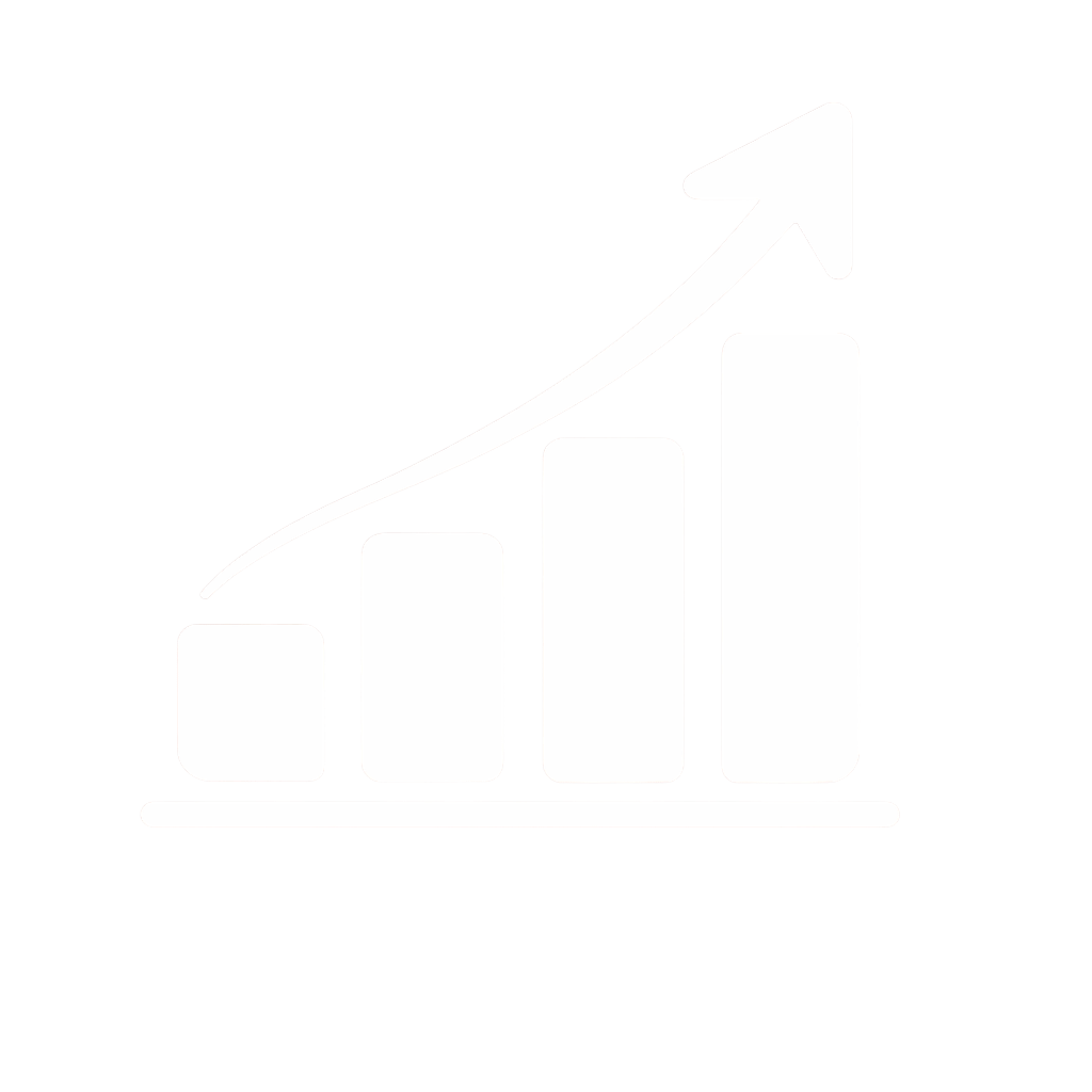 White bar graph with increasing height, upward trending arrow on a transparent background.