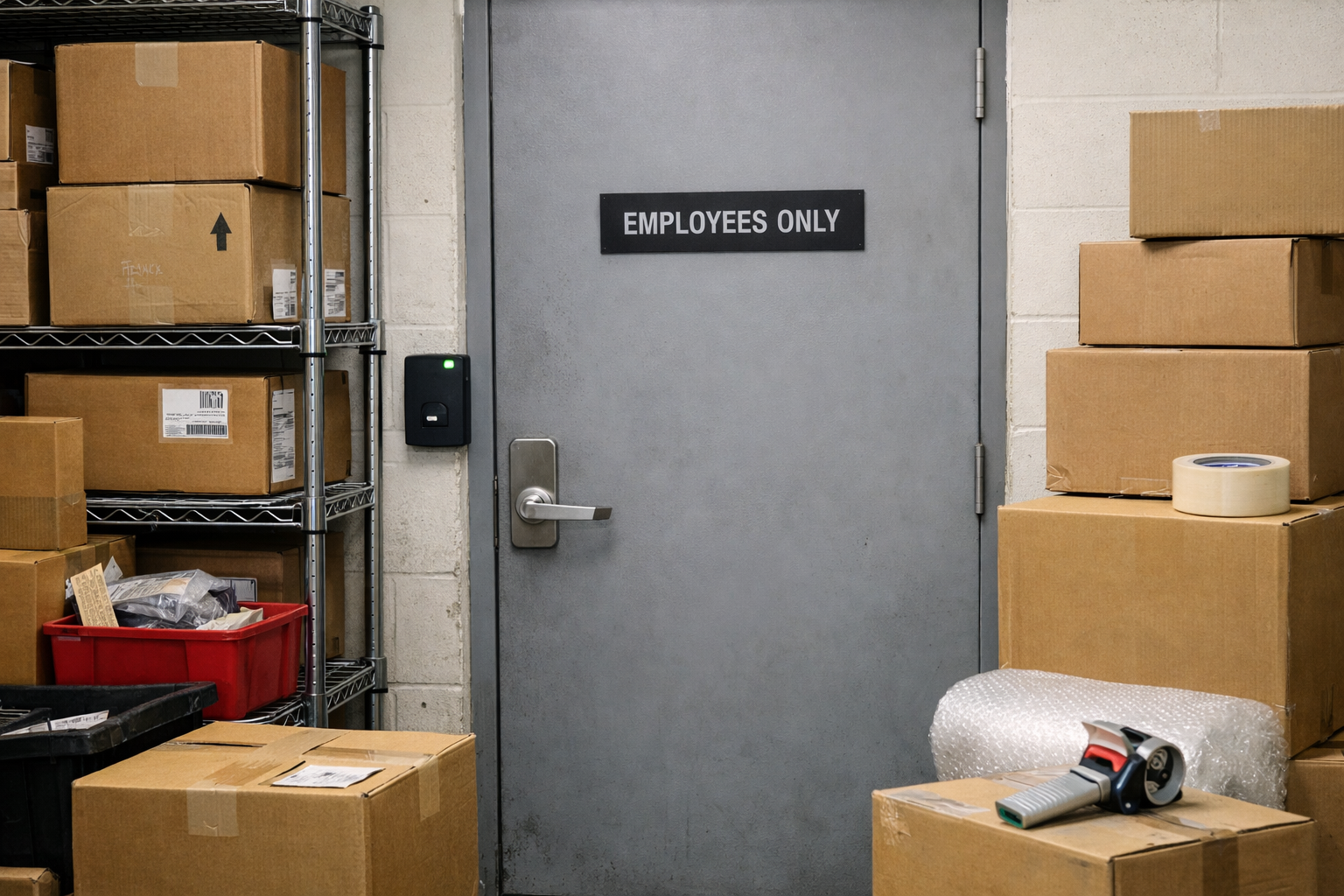 Storage room with boxes, shelving, a barcode scanner, and a door labeled "Employees Only".