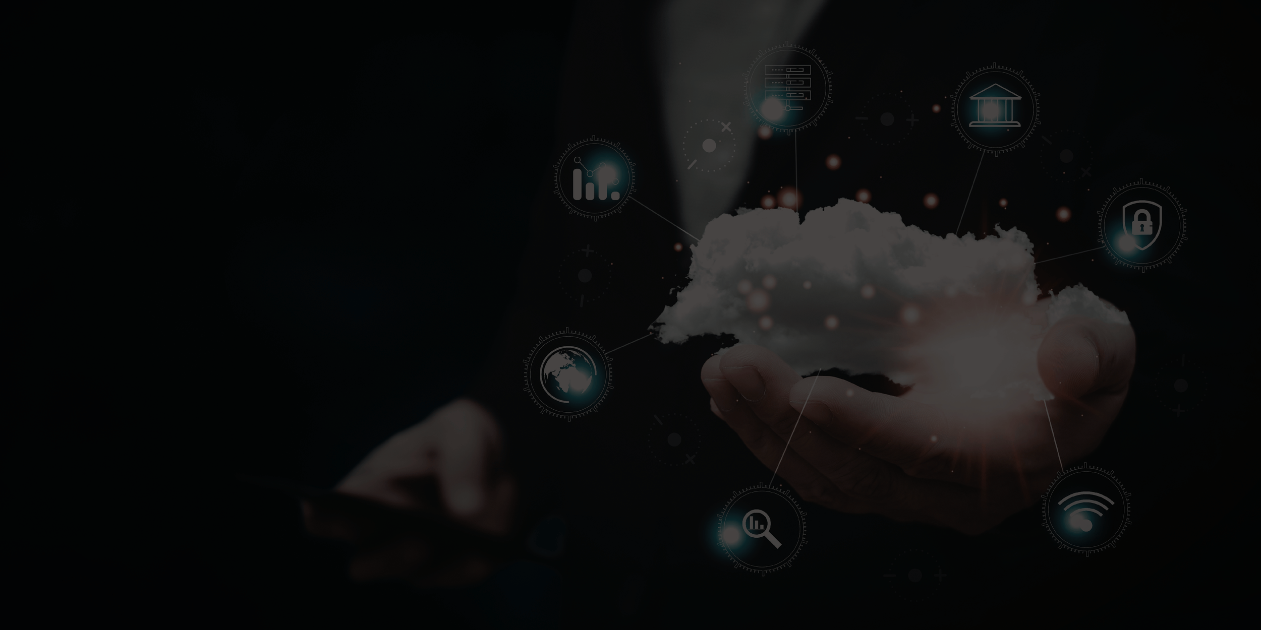 A person holding a cloud-shaped object with digital icons and data projections surrounding it, symbolizing cloud computing and technology.