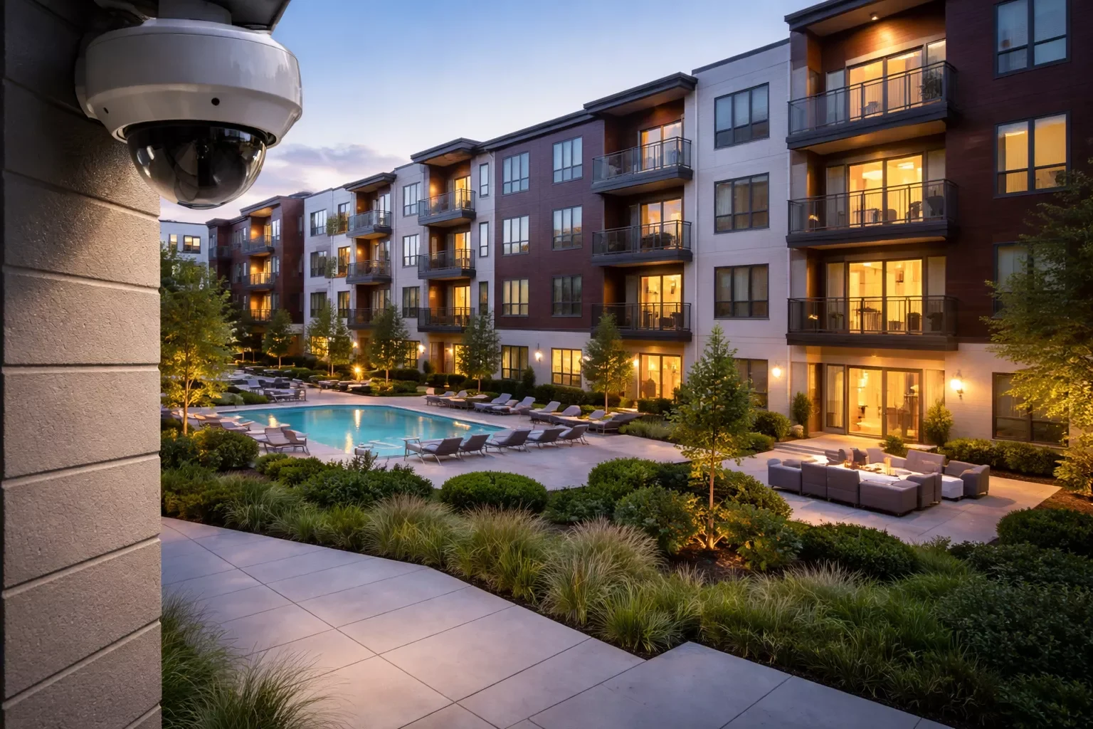 Security camera overlooking apartment pool area in a modern residential complex