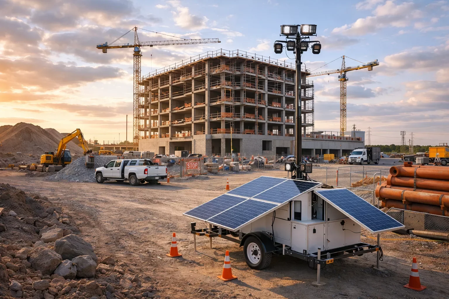 Mobile surveillance trailer with cameras monitoring a construction site in an urban area
