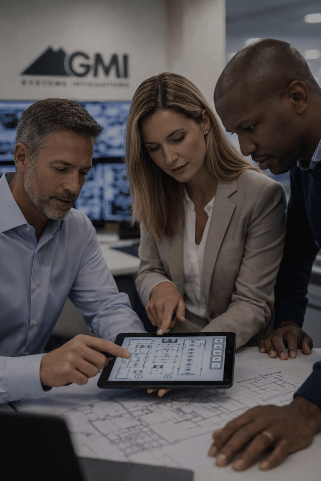 Three professionals, two men and a woman, discussing architectural plans and blueprints at a table in an office with a GMI logo in the background.