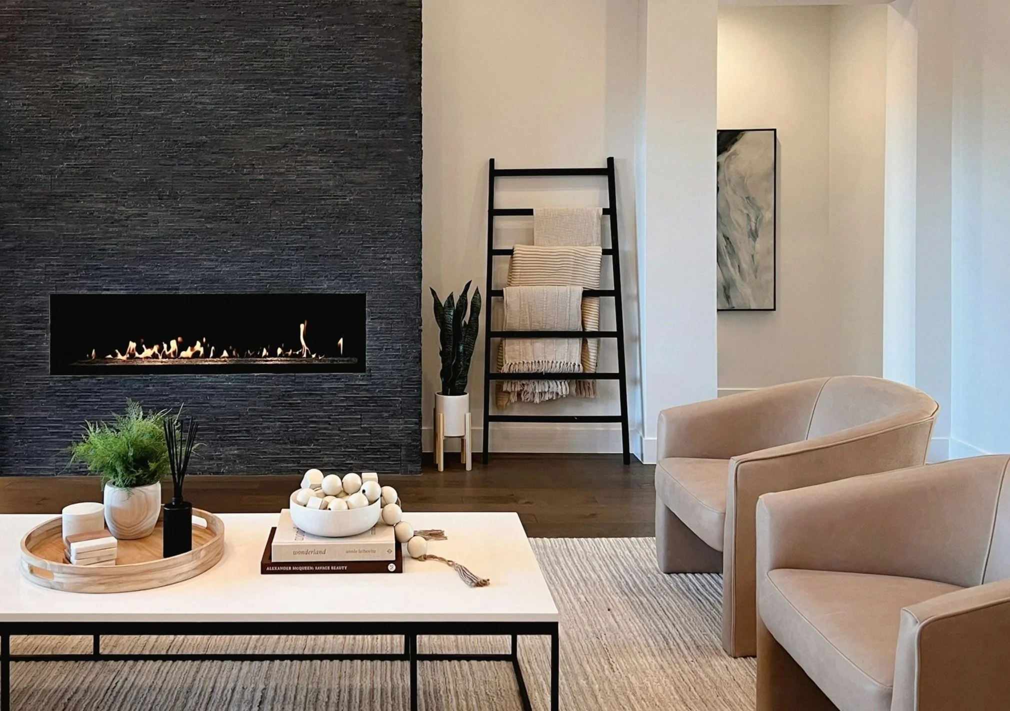 Linear gas fireplace installed in contemporary living room