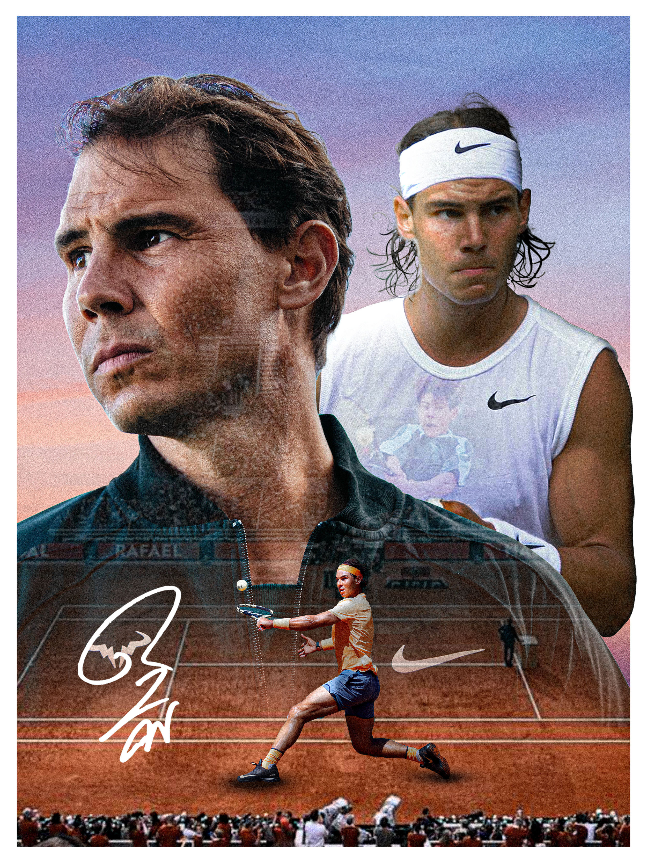 A collage of tennis players, including Rafael Nadal and Roger Federer, with tennis court and logo in the background.
