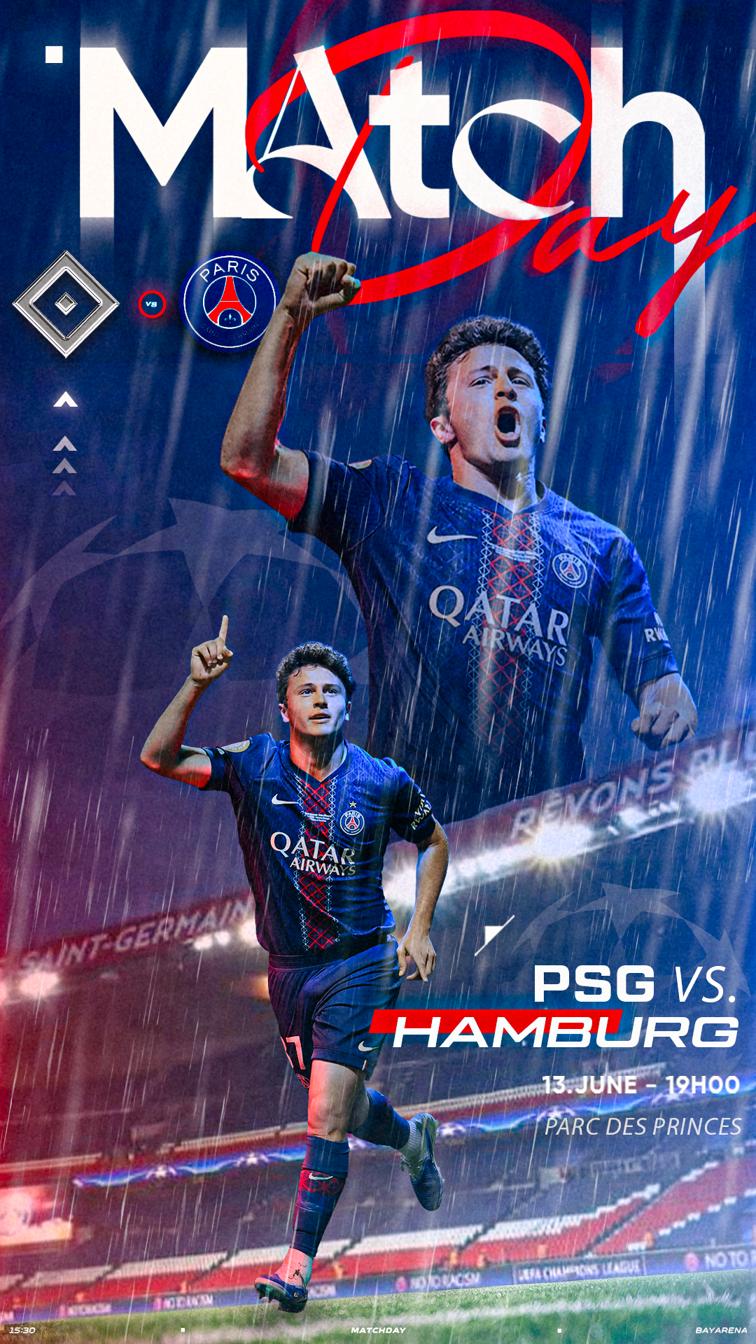 Poster for a soccer match between PSG and Hamburg, scheduled for June 13 at 7:00 PM at Parc des Princes. Features two players in PSG jerseys celebrating in the rain, with a large heading "Match Day" and the team logos.
