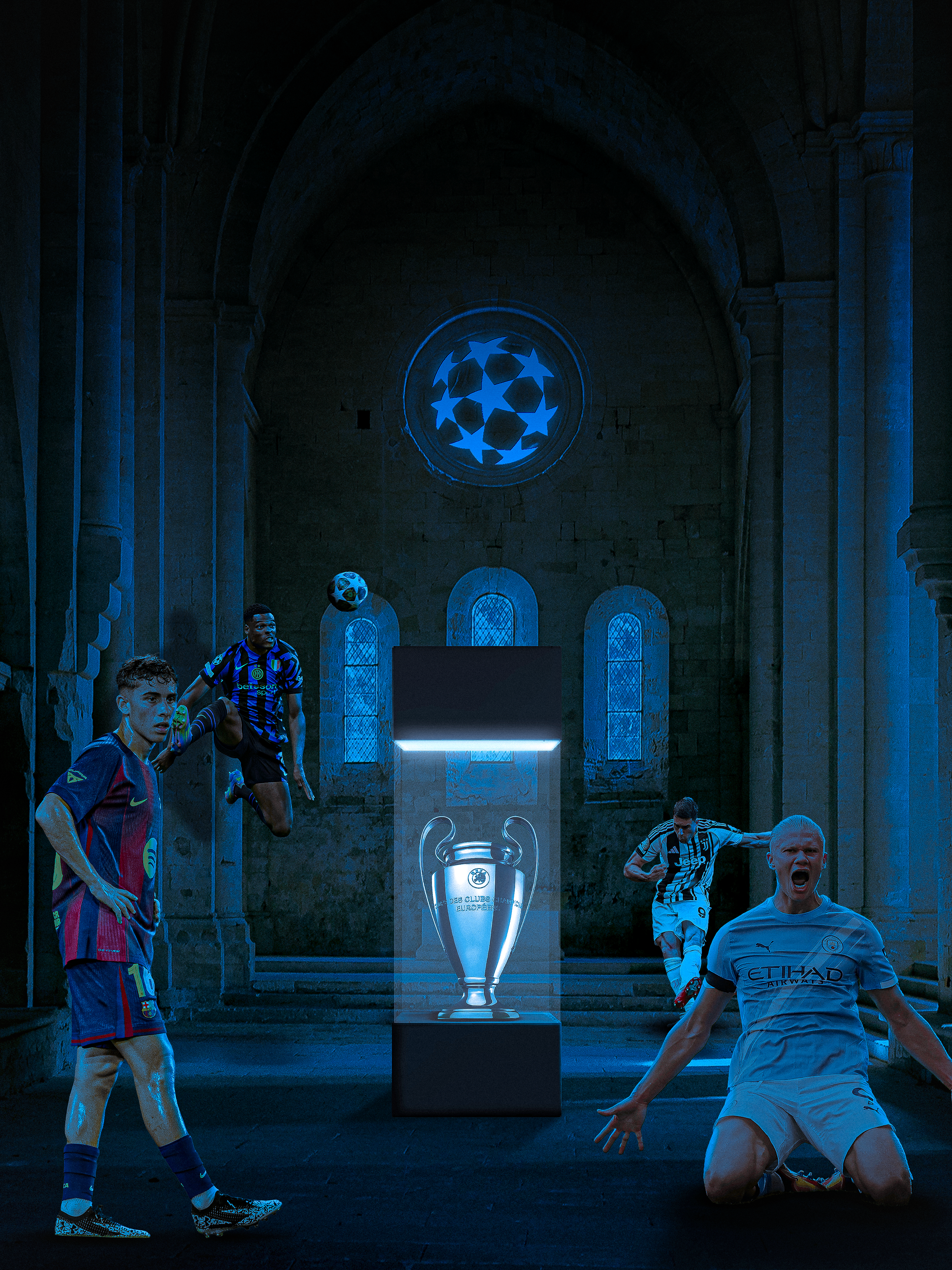 Four soccer players in jerseys surrounding the UEFA Champions League trophy inside a dark, cathedral-like setting with stained glass windows and a glowing UEFA Champions League logo.