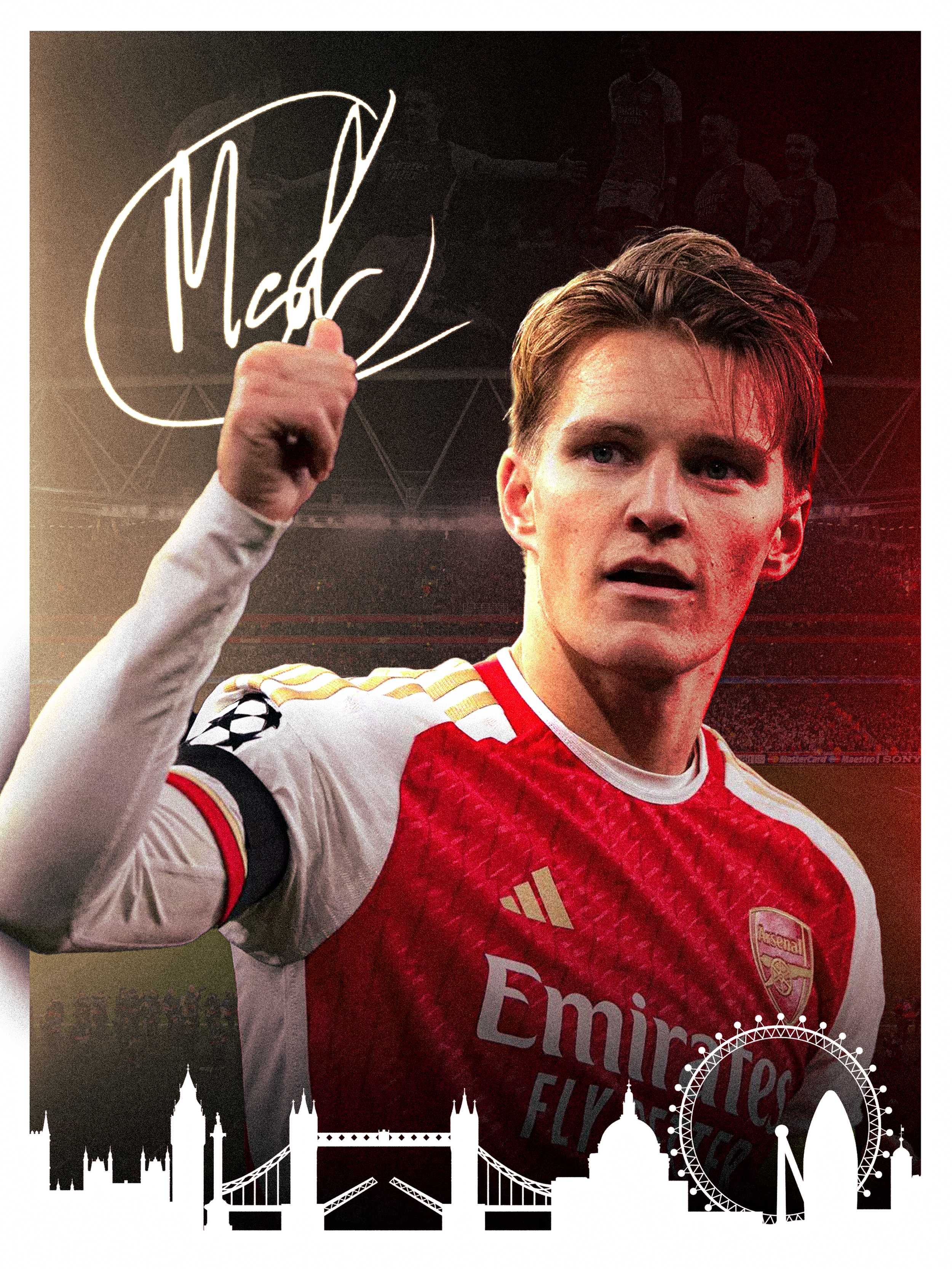 A soccer player in an Arsenal jersey celebrating with a fist raise, with a stadium background and London skyline silhouette at the bottom.