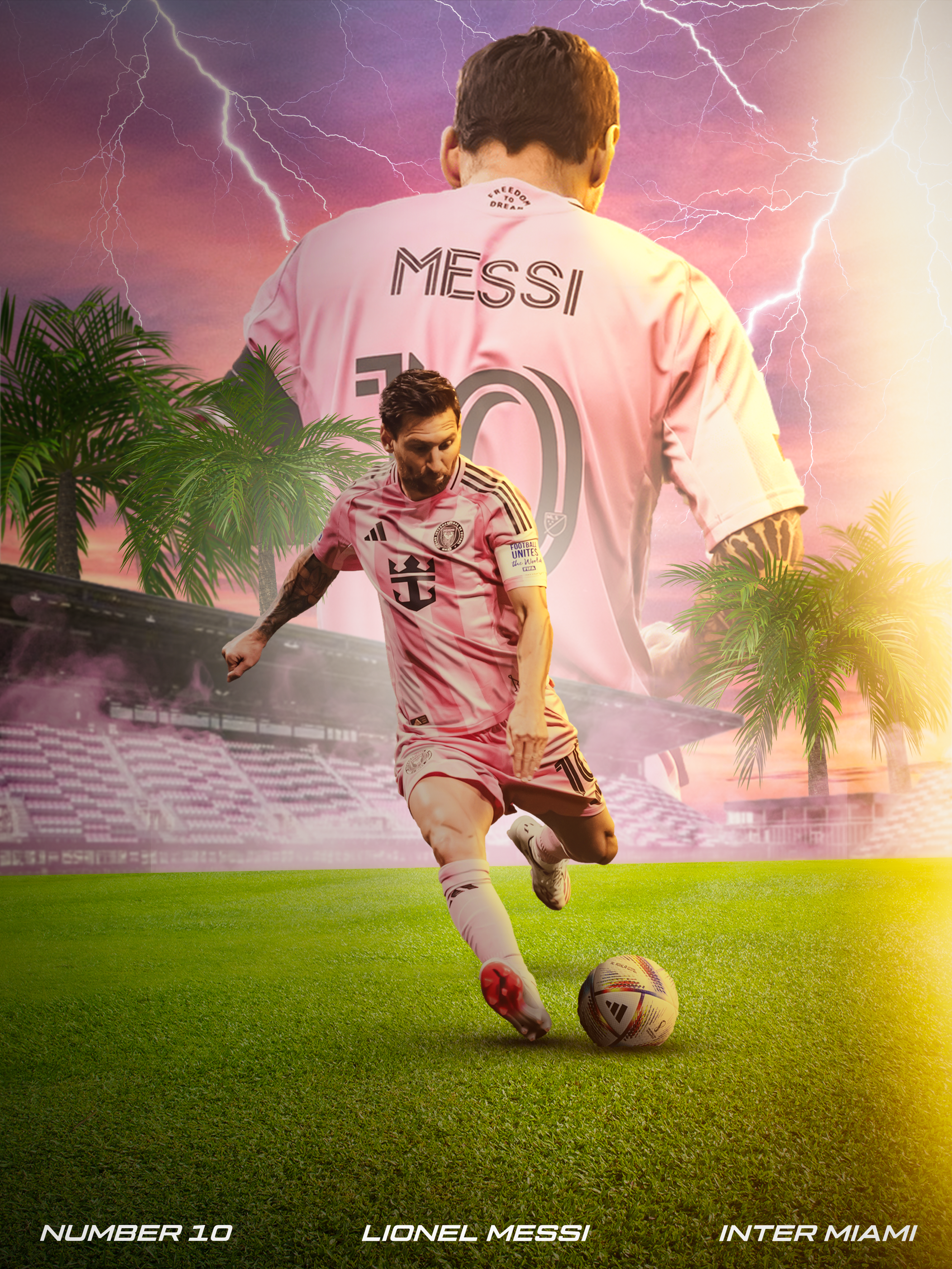A collage featuring Lionel Messi, an Argentine soccer player, in a pink jersey number 10, on a green field with palm trees and a stadium in the background. The sky has lightning and a pink-purple hue.