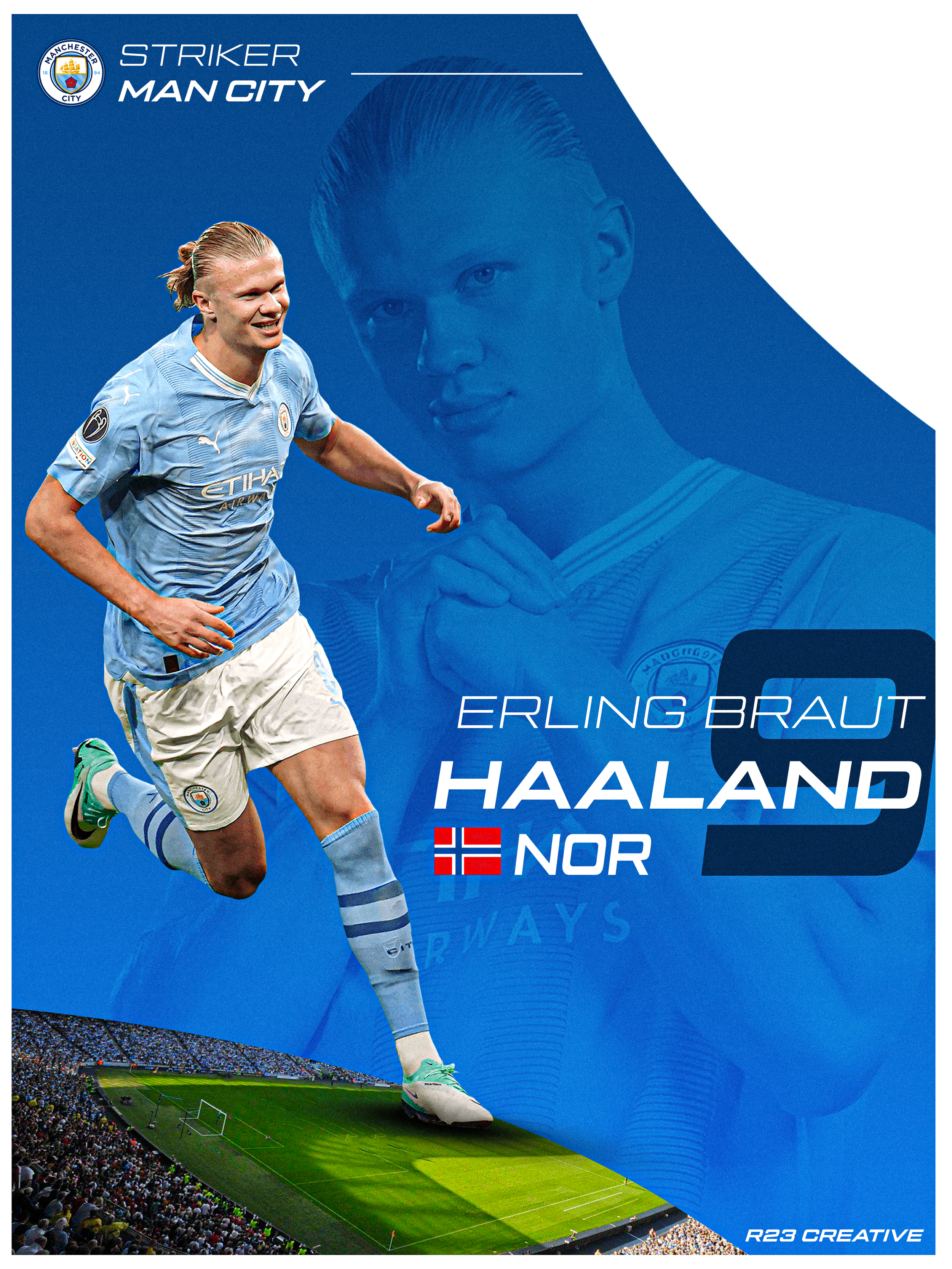 Graphic of Norwegian soccer player Erling Braut Haaland in Manchester City uniform, with a background of a stadium and another image of him making a gesture, featuring text with his name, nationality, and team logos.