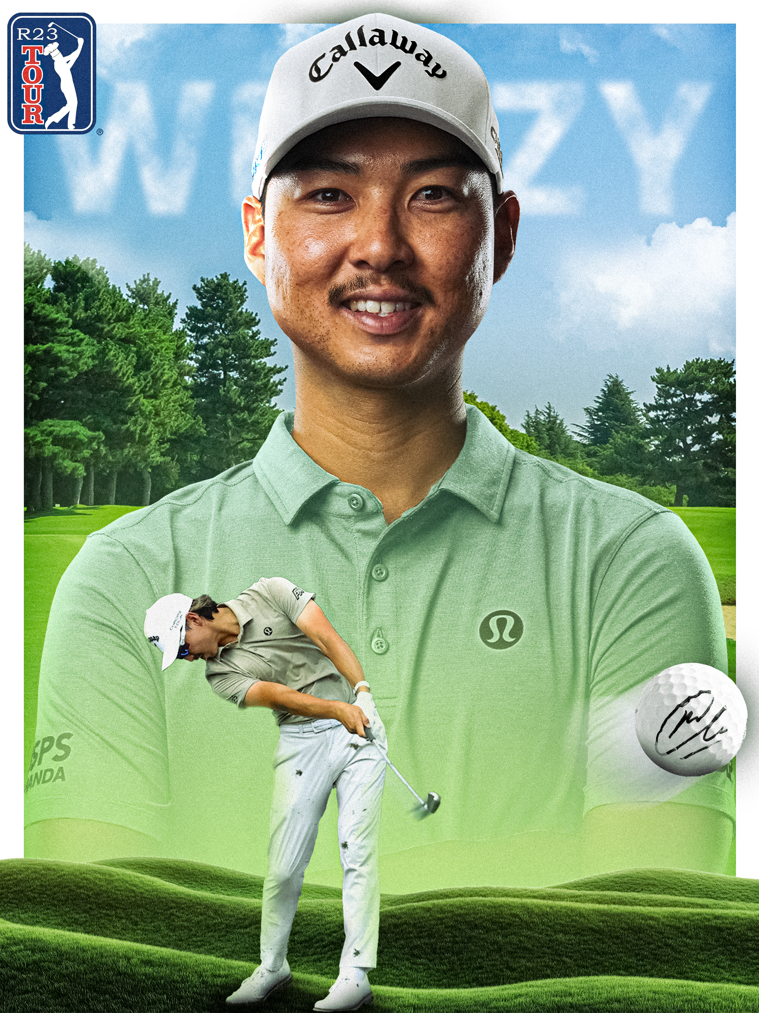 A large promotional poster featuring a male golfer. The main focus is a close-up of the golfer's smiling face wearing a gray Callaway cap and a green golf polo. A smaller image of the golfer swinging a club is positioned at the bottom left. The background shows a lush golf course with trees and a partly cloudy sky. The top left corner has a logo with the text "R23 TOUR".