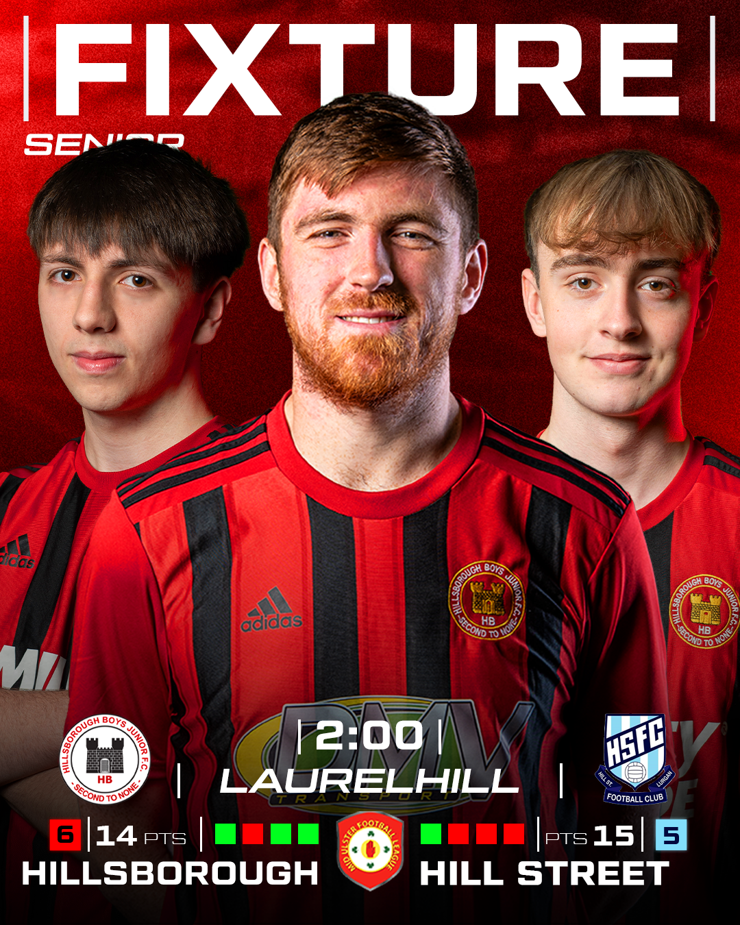 A digital graphic featuring three young men in Hillsborough football jerseys, with the text 'Fixture', 'Senior', and a match time of 12:00 between Hillsborough and Hill Street, showing Hillsborough leading with 14 points and Hill Street with 15 points.