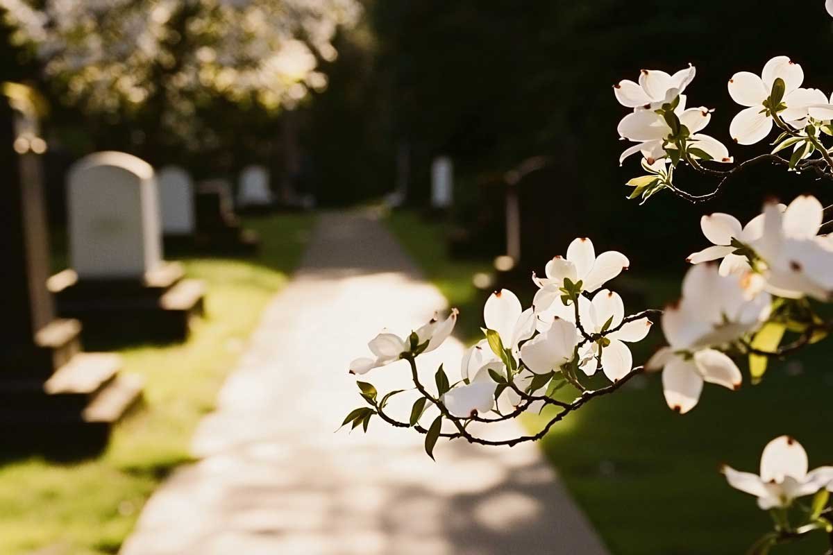 White flowers blooming on a branch in a cemetery with headstones along a shaded pathway.