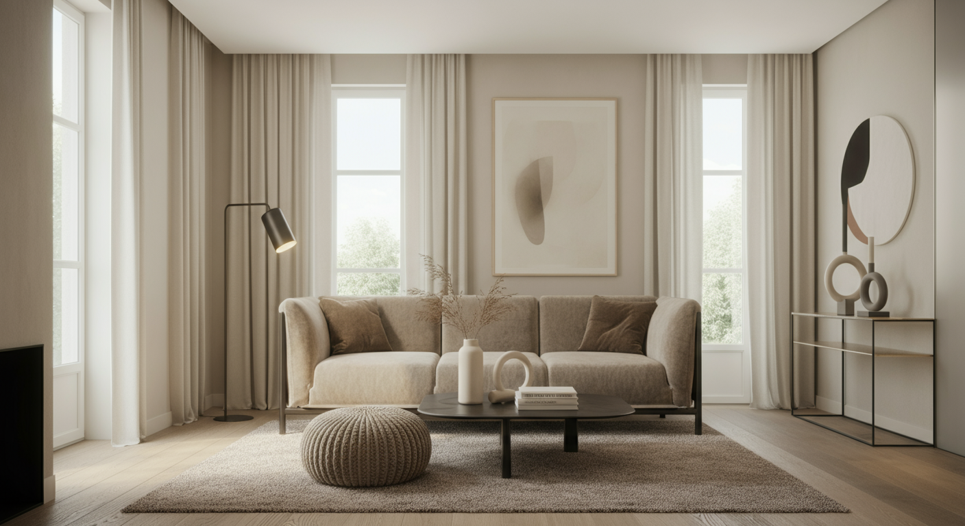 Living room with beige sofa, curtain-covered windows, abstract wall art, and minimalist decor.