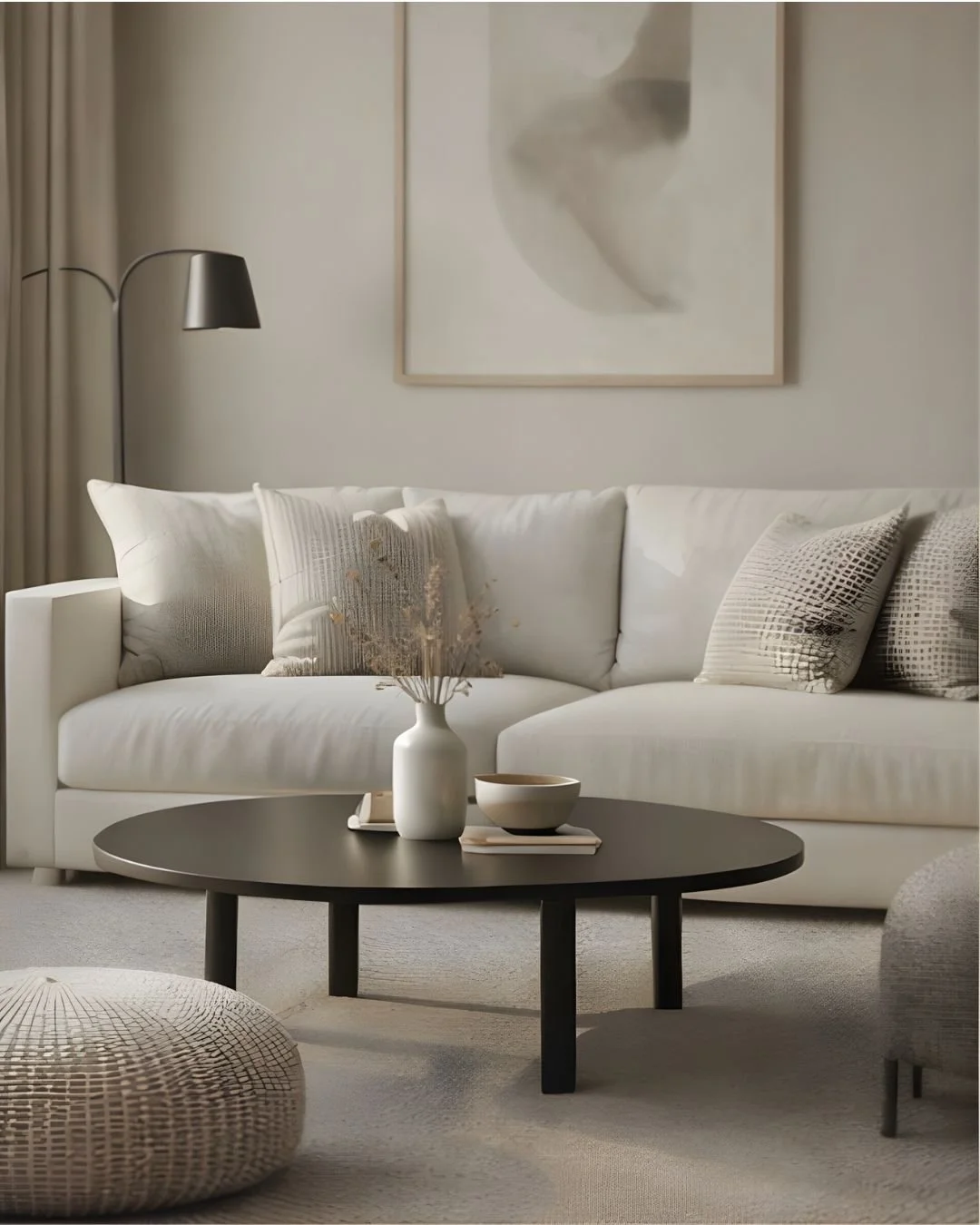 A living room with a white sofa, decorative pillows, a black coffee table with a white vase and bowl, abstract wall art, a floor lamp, and neutral-toned decor.