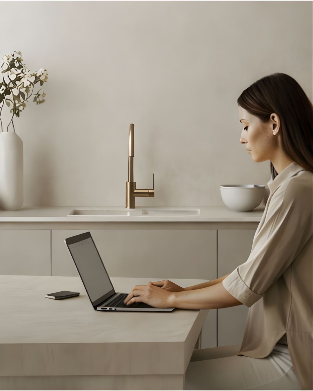 A woman sitting at a kitchen table, working on a laptop, with a smartphone nearby, in a modern, minimalist kitchen with a white countertop, a gold faucet, a white bowl, and a vase with flowers.
