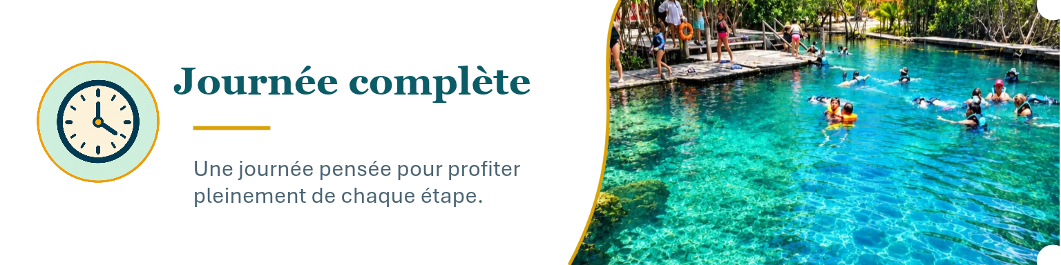Une affiche illustrant une journée complète, avec un illustration d'une horloge et un texte en français, et une photo de piscine avec des gens nageant et des enfants jouant dans l'eau, en bordure d'un espace naturel verdoyant.