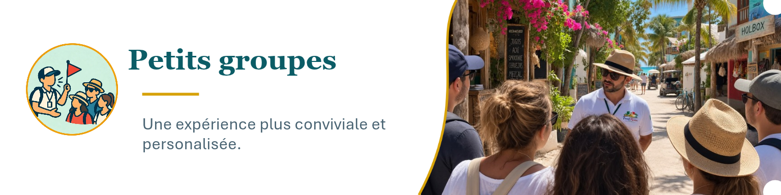 Une affiche promotionnelle pour un groupe touristique montrant un groupe de personnes parlant avec un guide touristique dans une rue ensoleillée.
