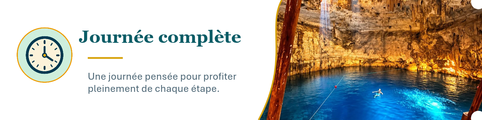 Une mise en page de guide ou d'article sur une journée complète, avec une illustration d'une horloge, un texte en français et une image d'une personne nageant dans une source chaude souterraine ou une grotte aquatique.