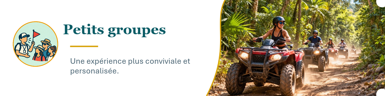 Groupe de personnes en quad dans une forêt dense, portant des casques deProtection, aventure en plein air.