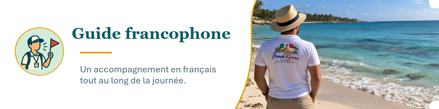 Une affiche publicitaire pour un guide francophone pour un voyage, montrant un homme regardant la mer, portant un chapeau et un T-shirt avec le logo 'French Riviera Tours'.