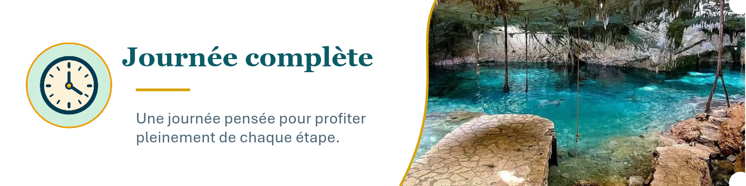 Une illustration d'une journée complète pour profiter de chaque étape, accompagnée d'une image d'une mare ou d'une piscine naturelle avec de l'eau turquoise et une plateforme en pierre.