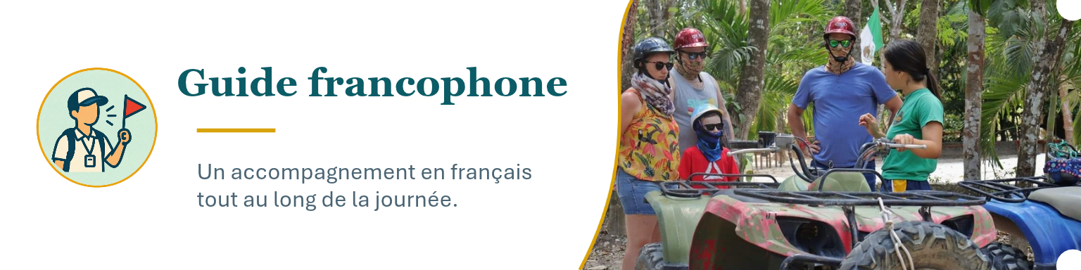 Groupe de personnes en equipement de protection discutant autour de quads dans une forêt tropicale pendant une excursion.