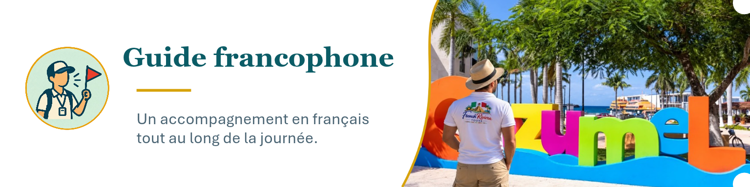 Une affiche promotionnelle pour un guide francophone avec une illustration d'un guide avec une bannière et une photo d'une personne regardant des lettres colorées formant 'YUMEL' devant des palmiers sur une plage