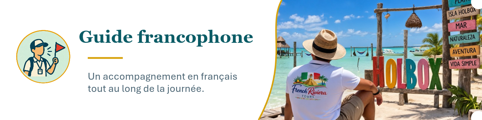 Une image de plage avec un homme assis regardant la mer, portant un t-shirt avec le logo 'French Riviera Tours', et un panneau en bois coloré indiquant différents noms de zones ou activités touristiques