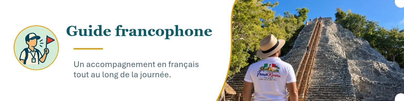 Une personne vue de dos, portant un t-shirt avec le logo 'French Riviera Tours', regardant une pyramide Maya en pierre dans un site archéologique entouré de verdure.