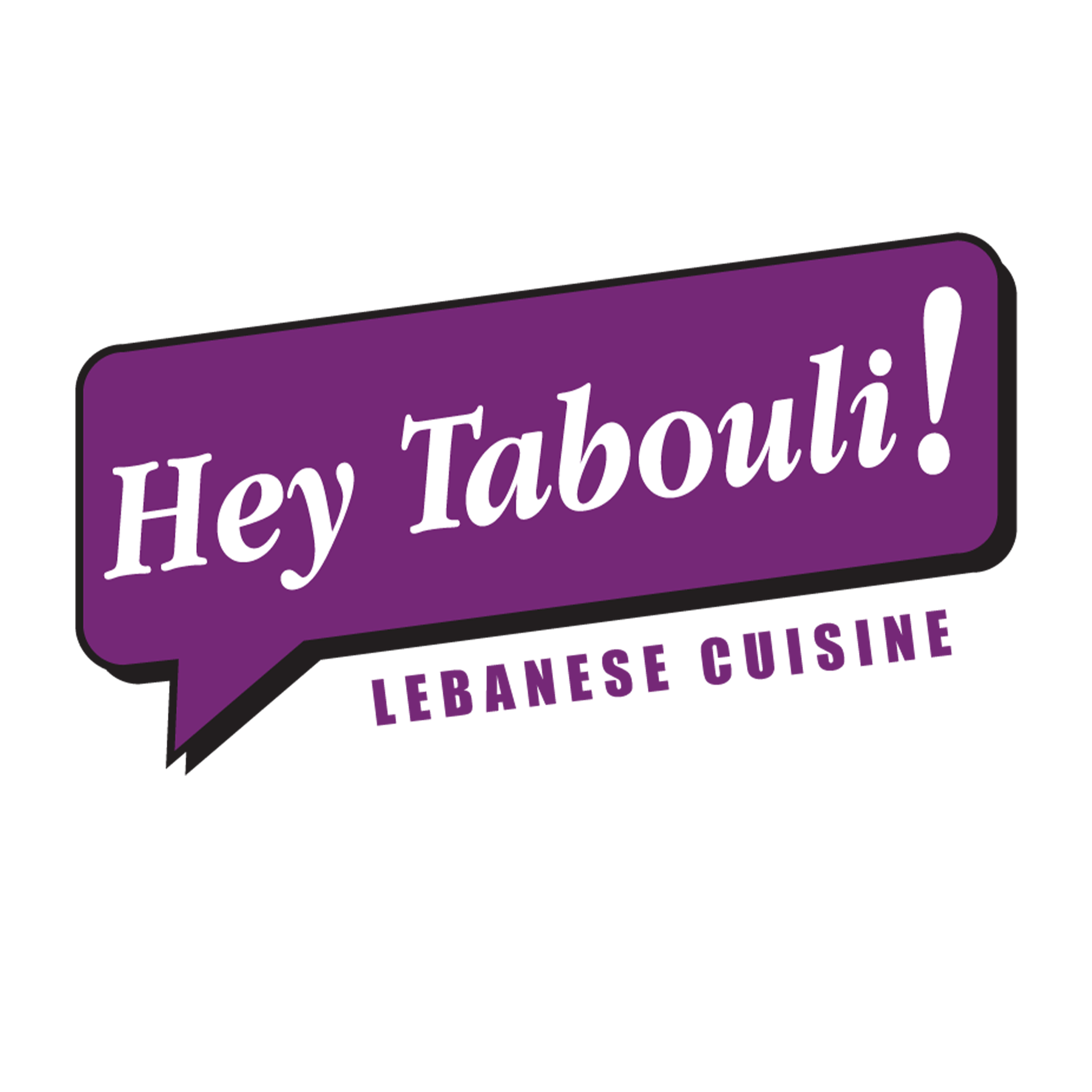 Logo for Hey Tabouli! Lebanese Cuisine featuring a purple speech bubble with white and purple text.