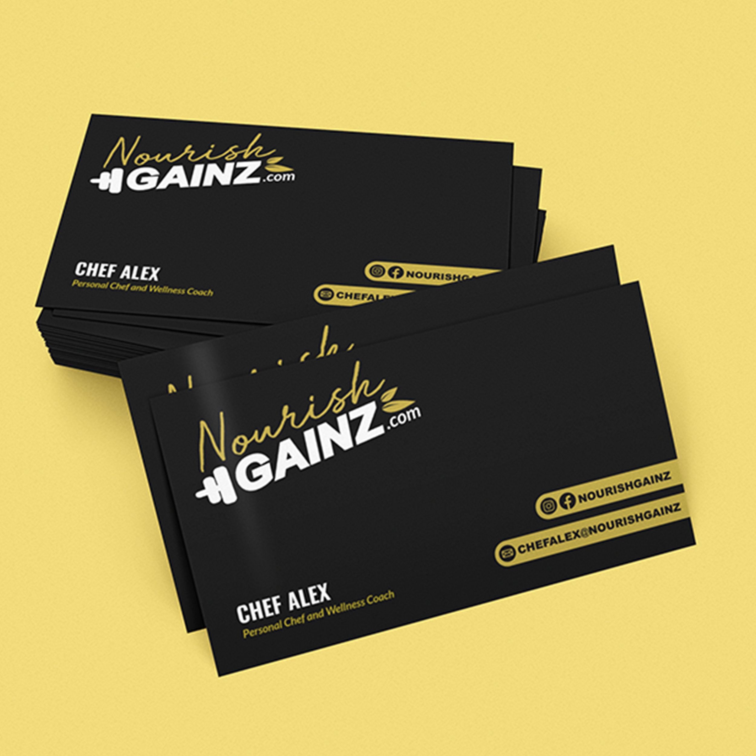 Business cards for Nourish Gainz with black background and yellow accents, including contact details for Chef Alex, a personal chef and wellness coach.