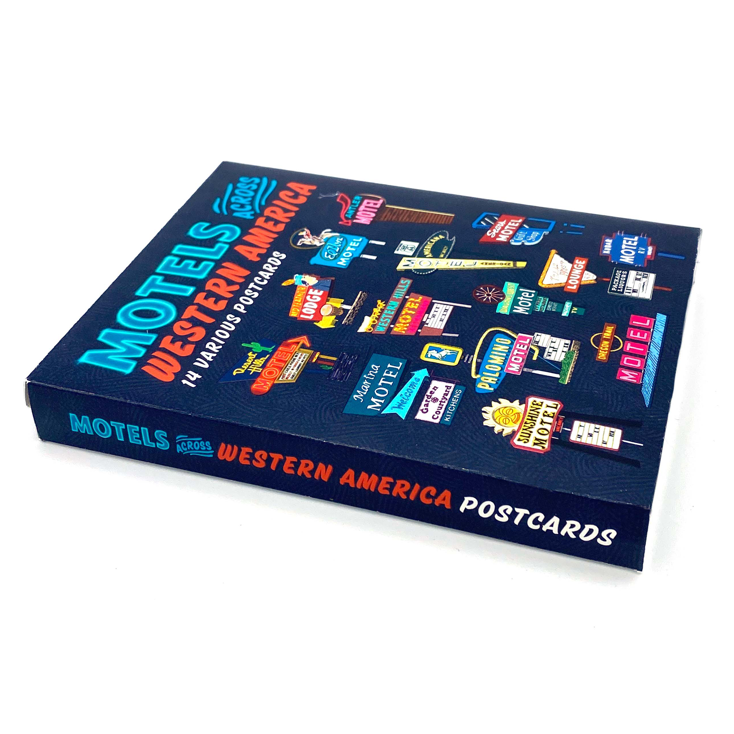 Cardboard box with colorful vintage motel signs and text reading 'Motels Across Western America Postcards'.