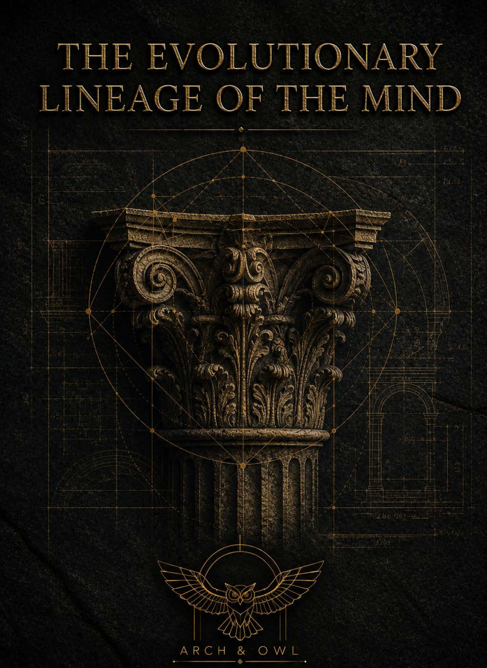 Book cover: The Evolutionary Lineage of the Mind, Strata One of Arch & Owl. A carved column capital in gold on black.