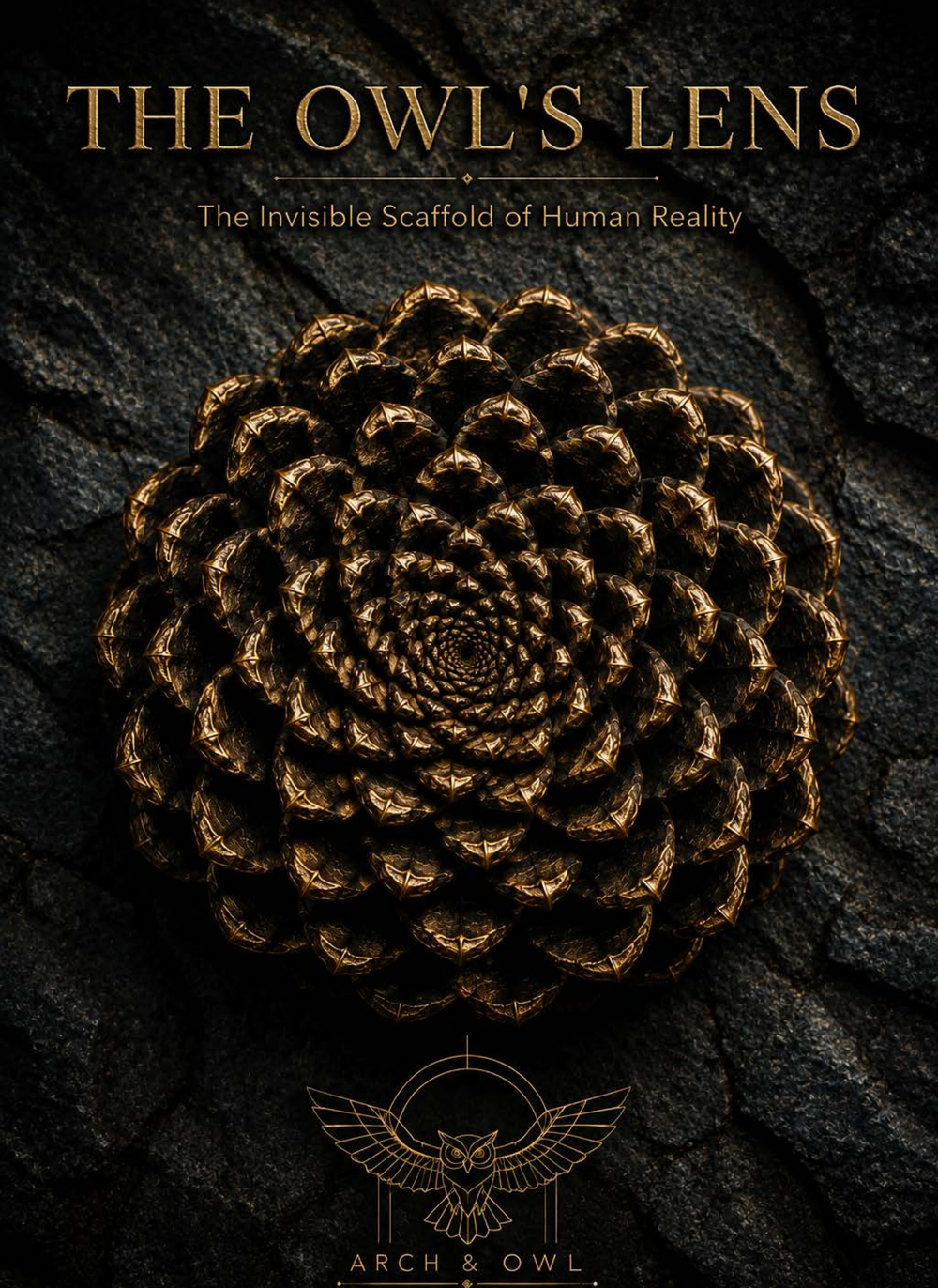Book cover: The Owl's Lens, Strata Four of Arch & Owl. A golden Fibonacci spiral on dark stone.