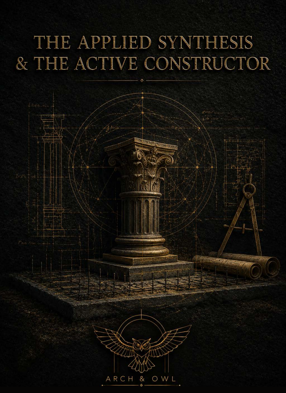 Book cover: The Applied Synthesis and The Active Constructor, Strata Two of Arch & Owl. A stone column and drafting tools in gold.