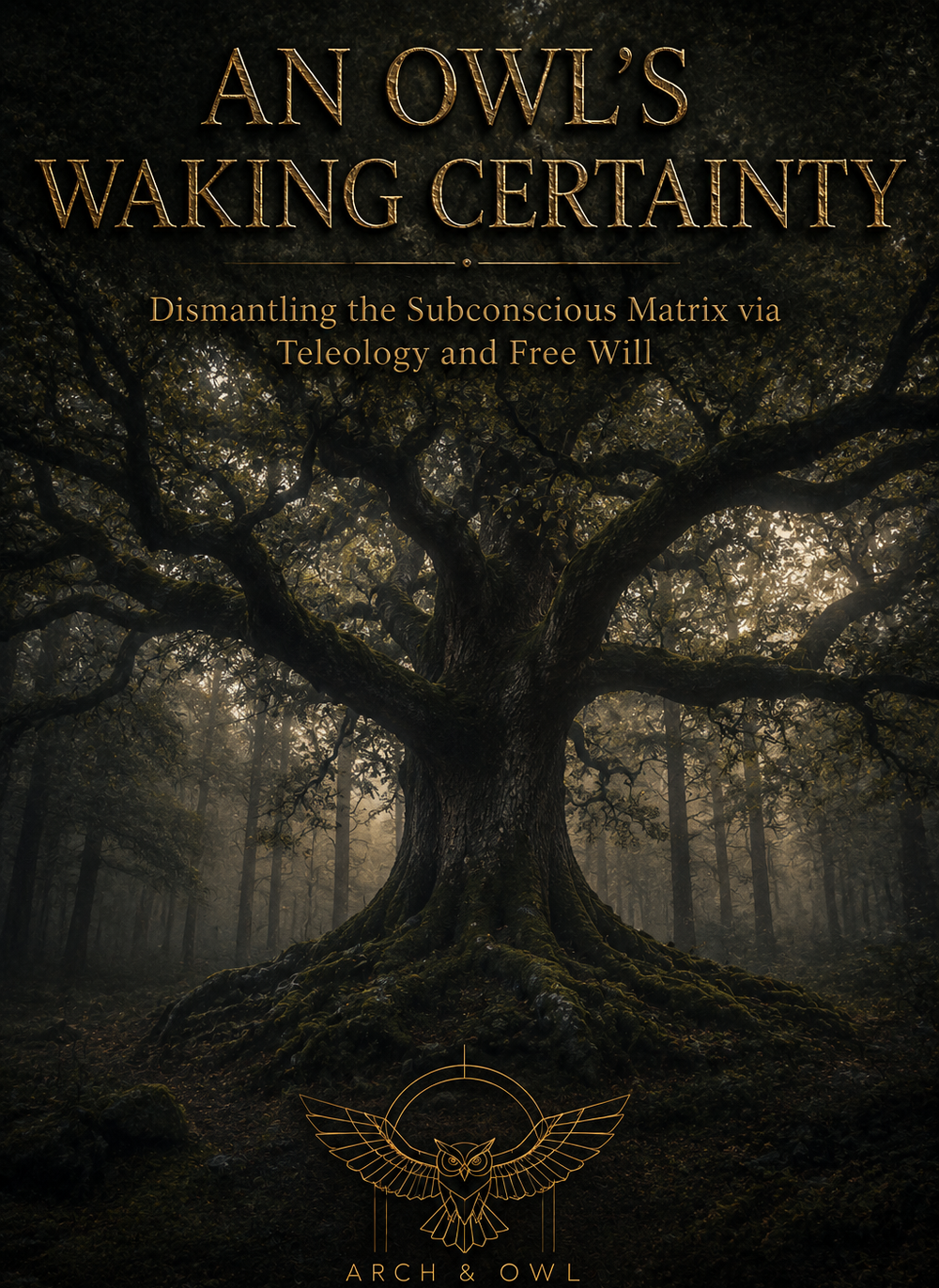 Book cover: An Owl's Waking Certainty, Strata Five of Arch & Owl. A great tree in a misty gold and shadow forest.