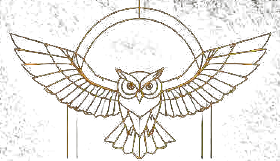 Arch &amp; Owl logo: a gold line-art owl with wings spread inside a halo arch.