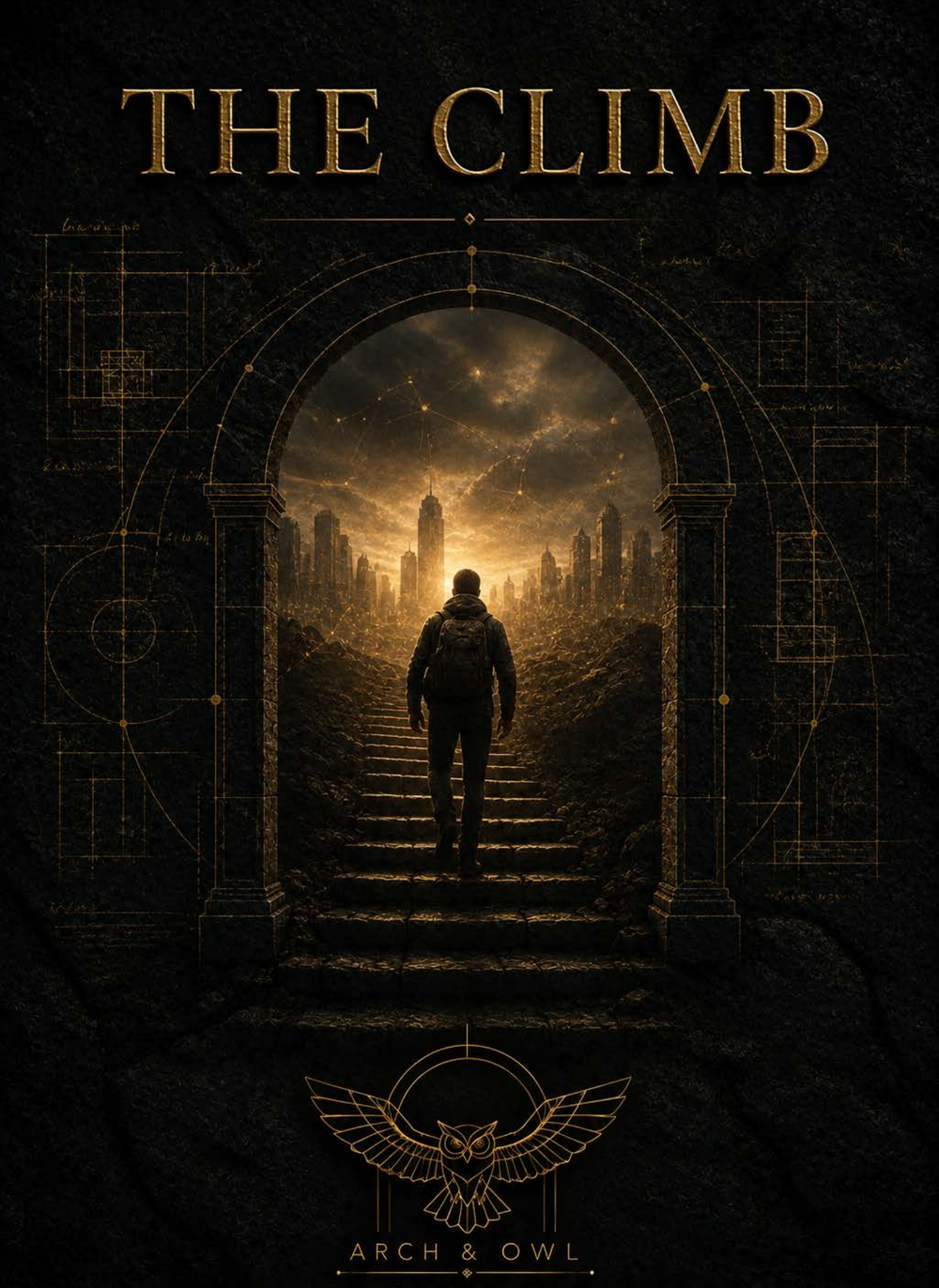Book cover: The Climb, Strata Three of Arch & Owl. A figure climbing stairs through a stone arch toward a glowing city.
