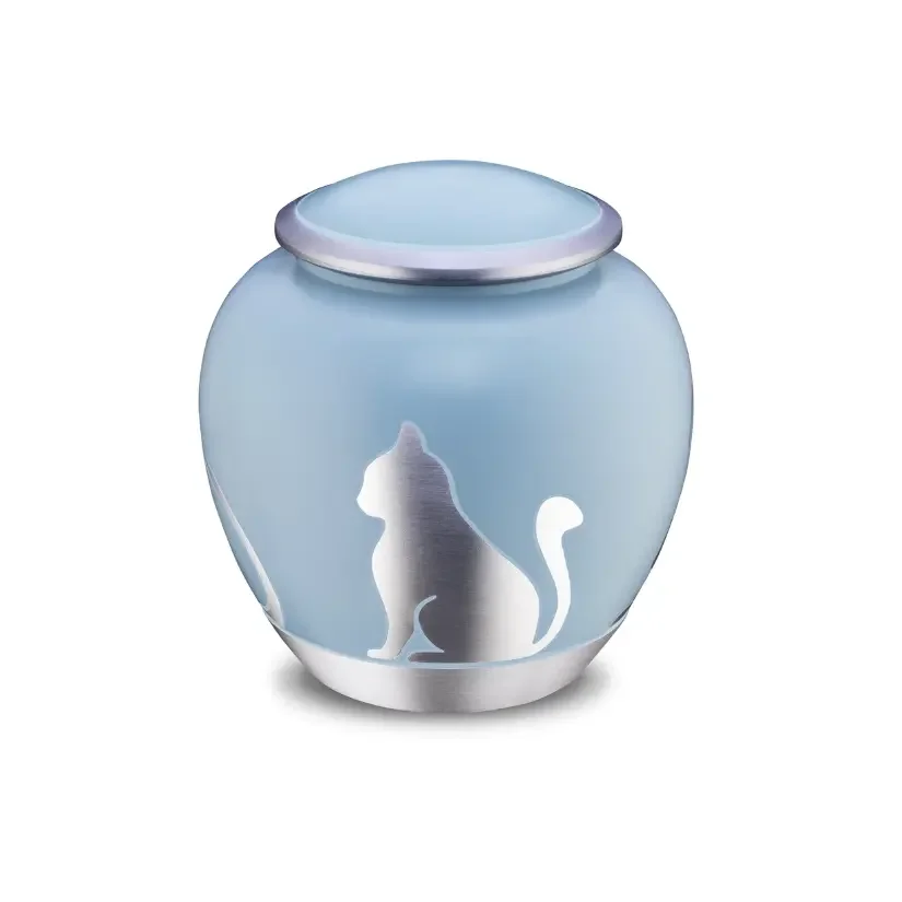 Pale Blue Alloy Cat Urn