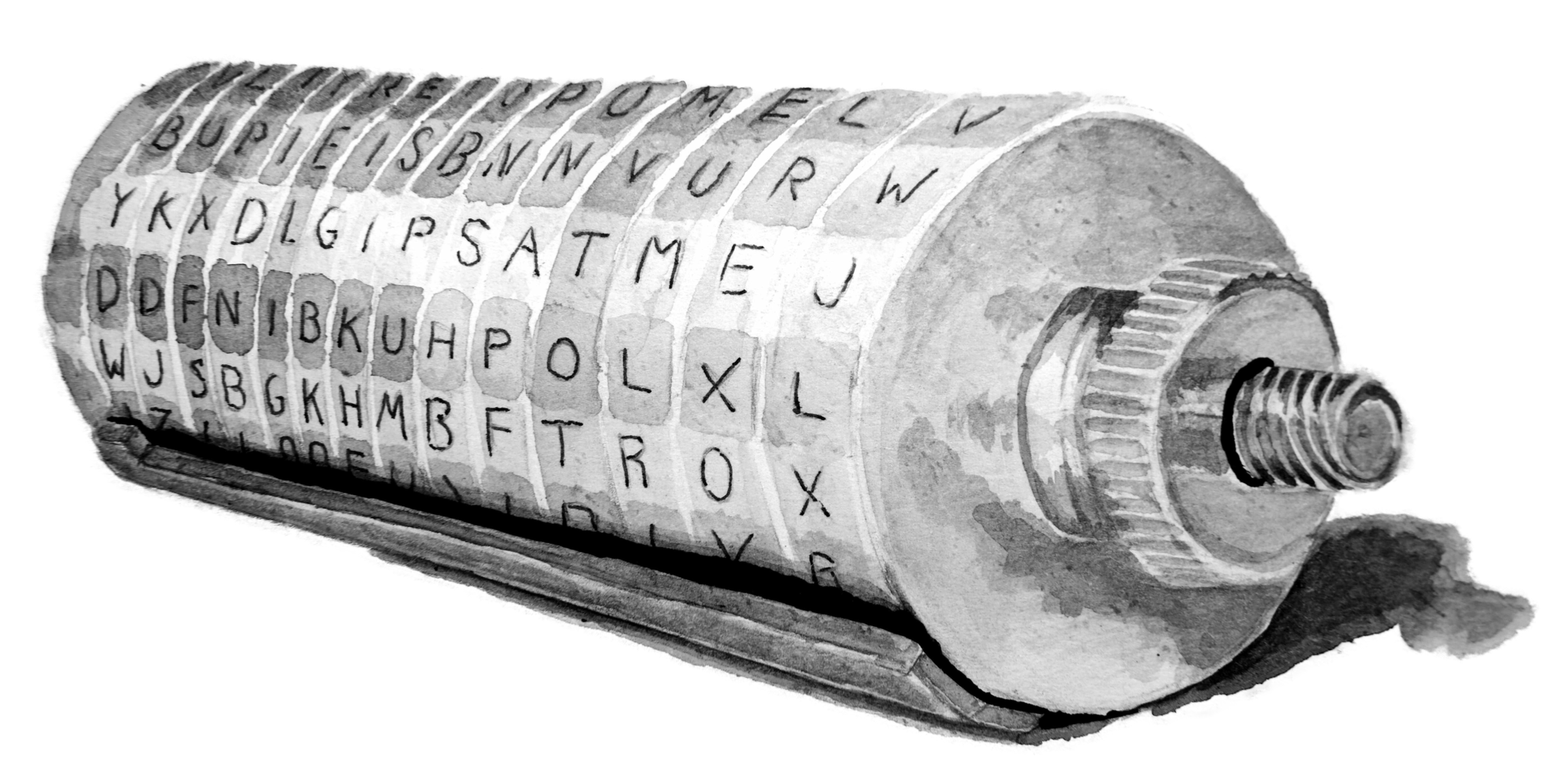 A black and white illustration of a glue tube with alphabet letters on its surface, and a small opening at the tip for dispensing glue.