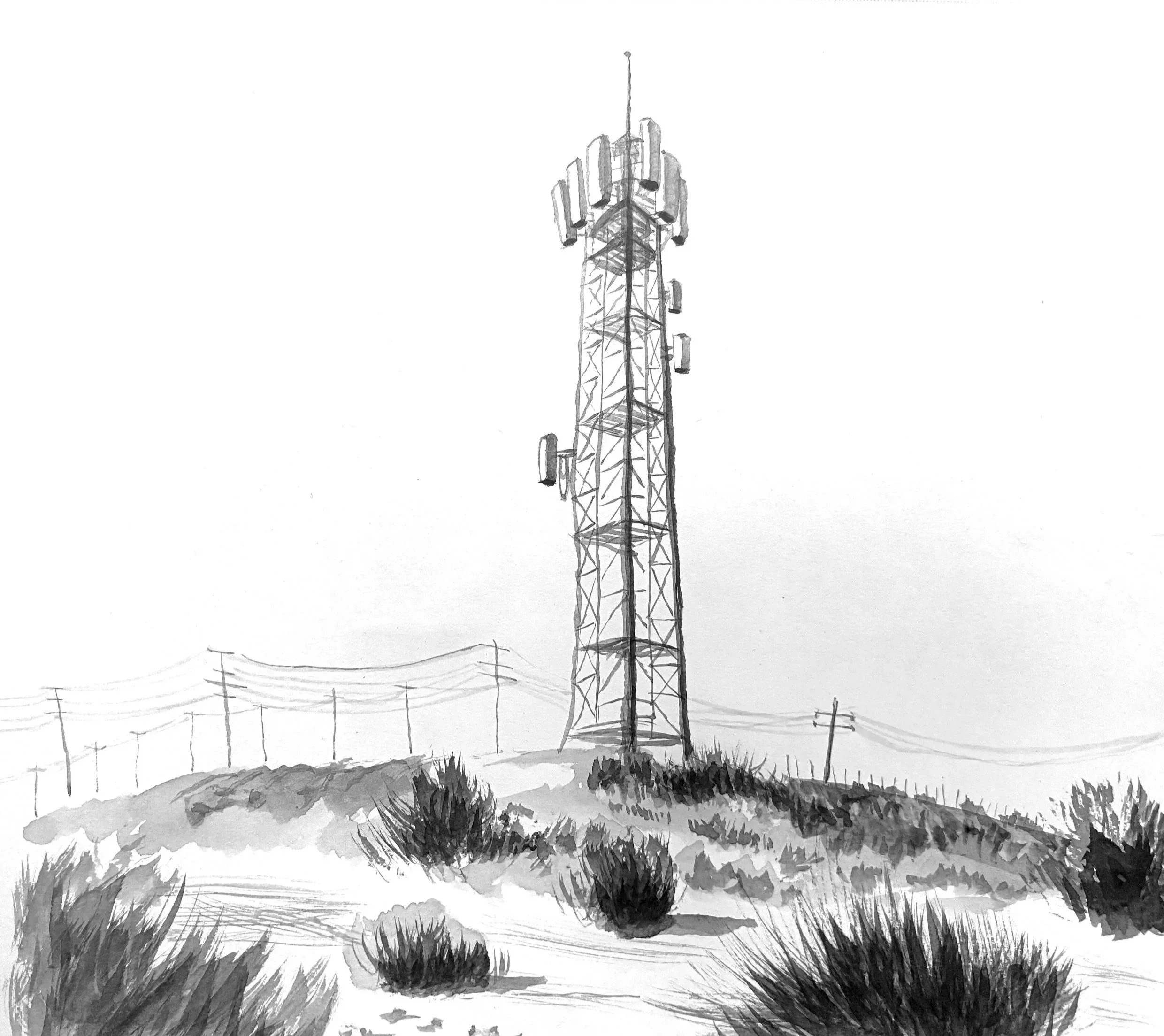Black and white watercolor painting of a tall radio or communication tower on a grassy landscape with a barbed-wire fence in the foreground.