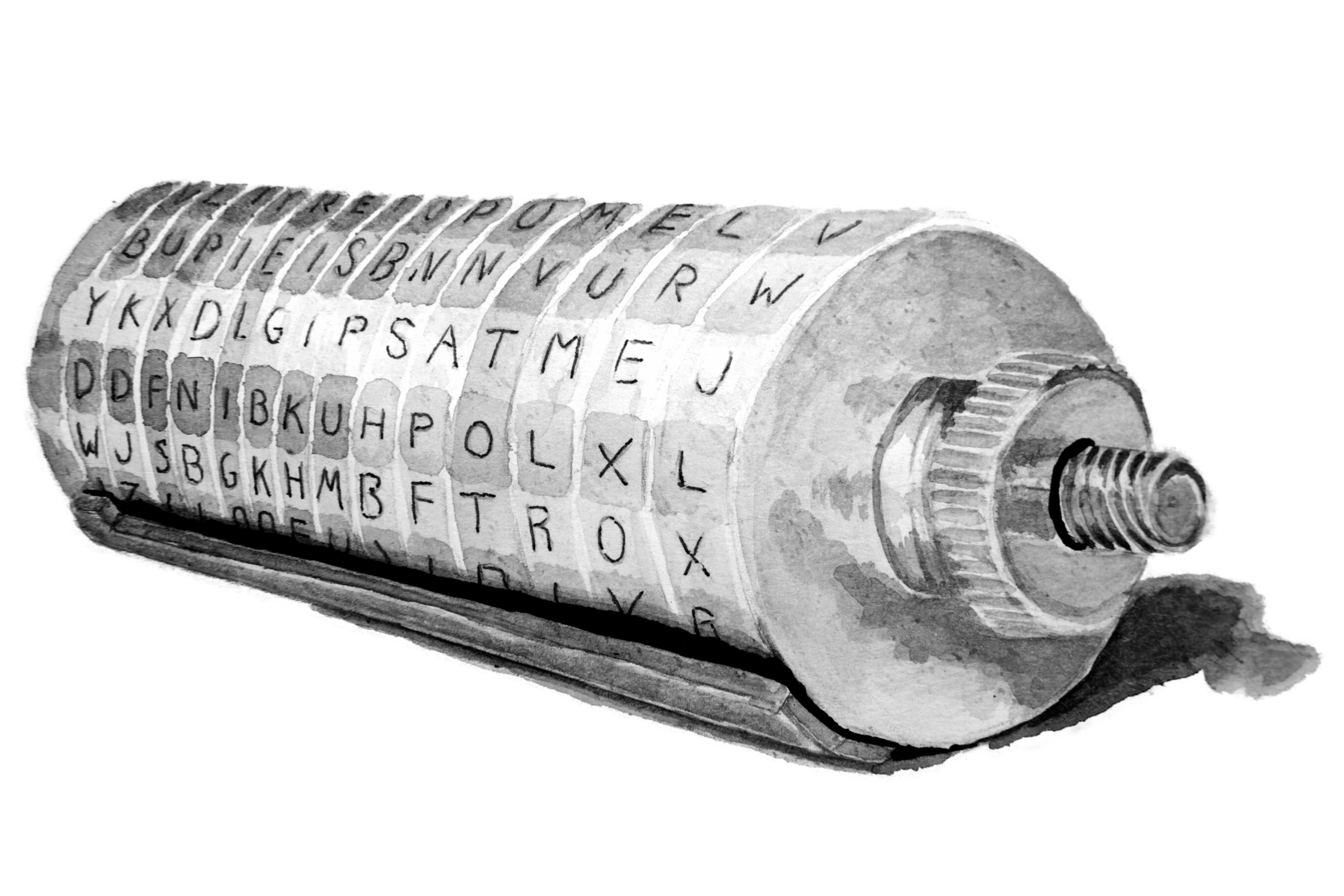 A vintage cylindrical cipher wheel with alphabet letters arranged in concentric circles, used for encryption, lying on a surface.