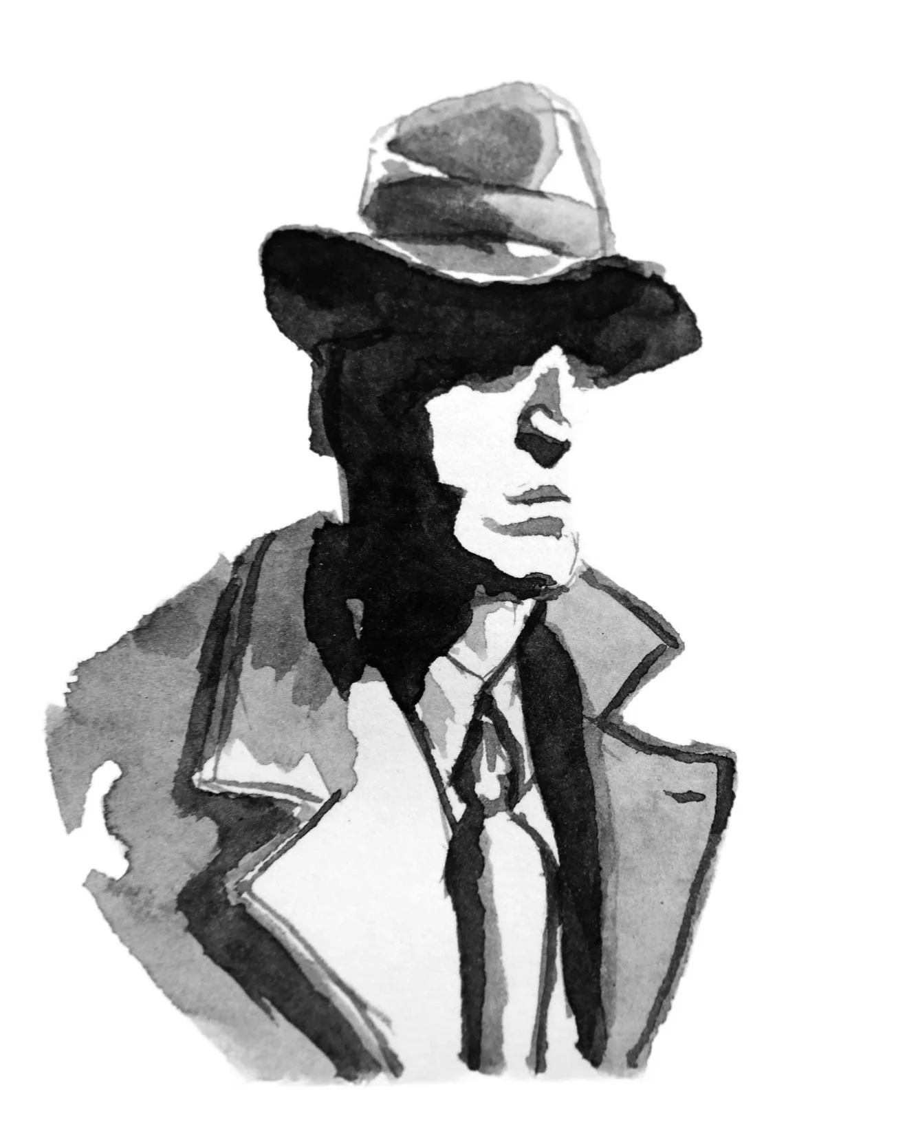 Black and white watercolor portrait of a man wearing a wide-brimmed hat, sunglasses, and a trench coat.