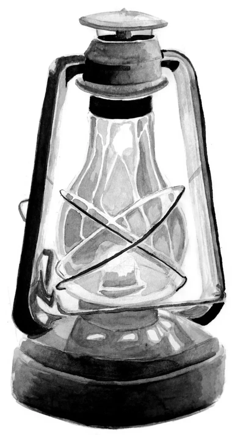 Black and white watercolor painting of an oil lantern with glass enclosure and metal handle.