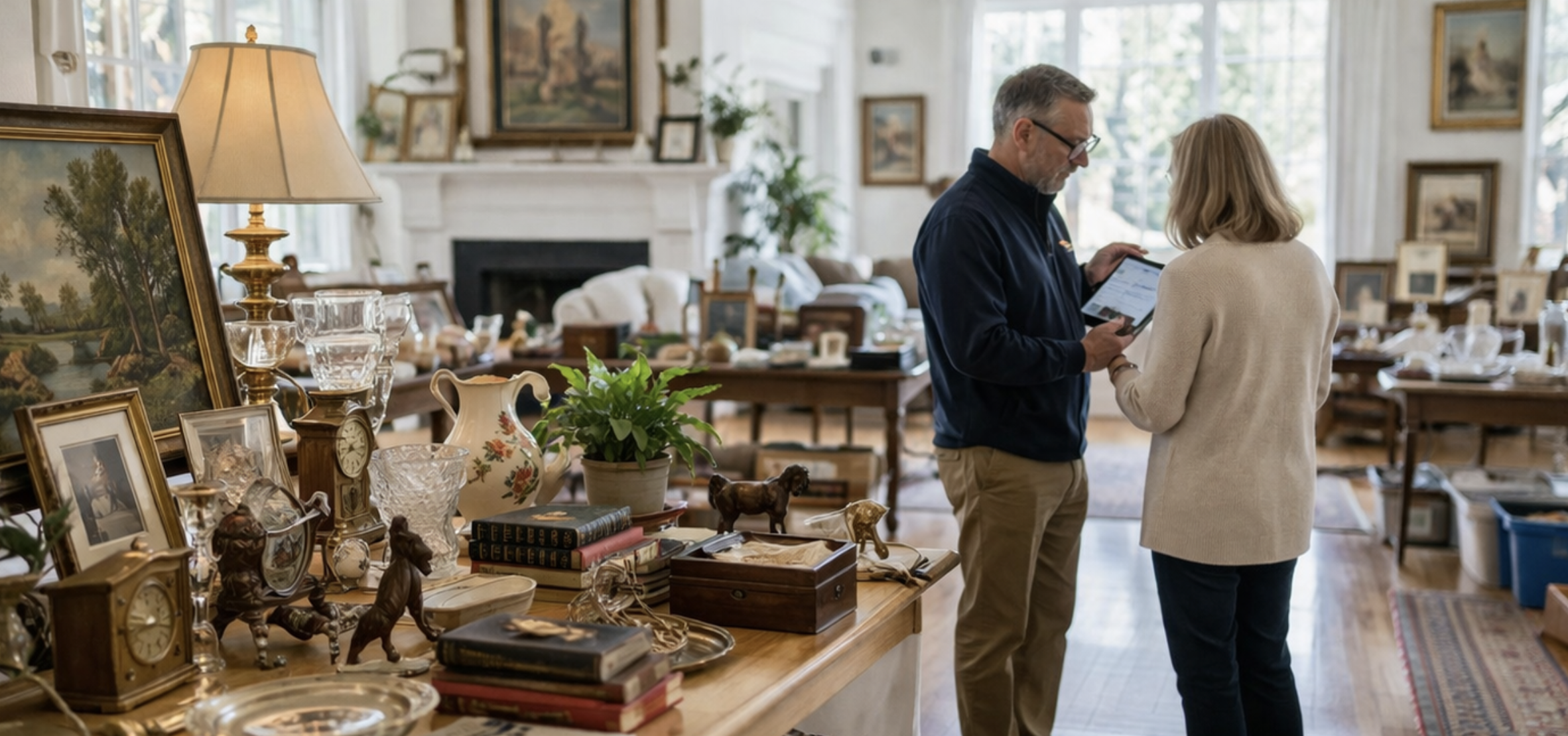 Estate sale walkthrough with client reviewing inventory organization and pricing plan.