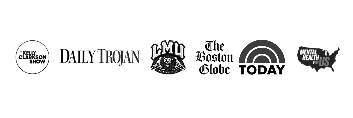 Logos of The Kelly Clarkson Show, Daily Trojan, LMU, The Boston Globe, The Today Show, and Mental Health for US