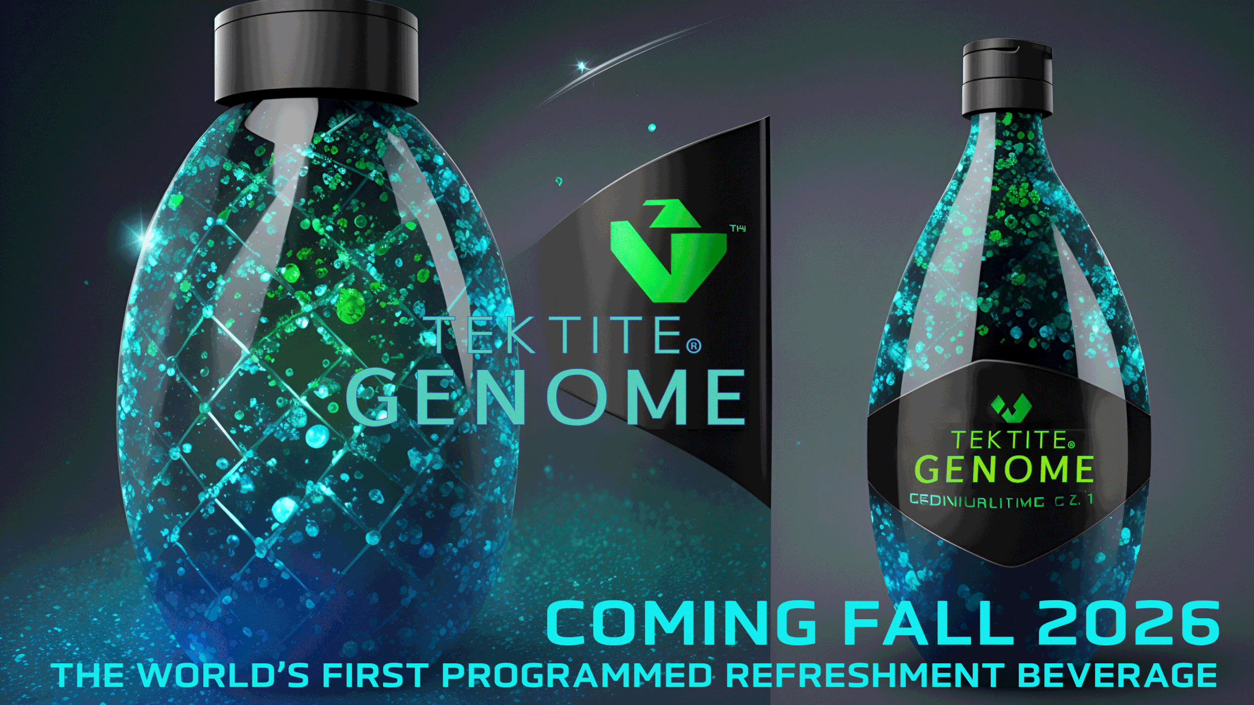 Digital illustration of a futuristic beverage bottle with a glowing, bubble-like design, accompanied by a matching box, branding it as TekTite Genome, a newly launched refreshment beverage set to release in fall 2026.